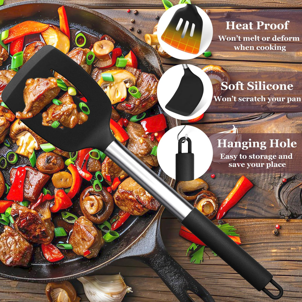 TeamFar Kitchen Utensils Set of 8, Silicone Utensils Kitchen Tools Set with Stainless Steel Handle, for Frying Serving Flipping Draining, Non-Toxic & Heatproof, Nonstick & Dishwasher Safe - Black