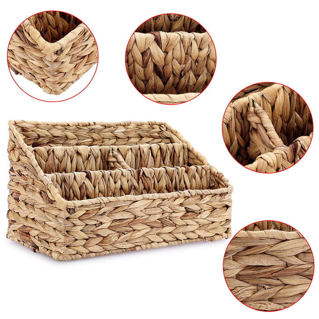 BTSKY Handwoven Water Hyacinth Desk Organizer, 4 compartments Desktop Mail Organizer, Woven Countertop Accessories Organizer for Office Supplies, Stationery Supplies, Makeup