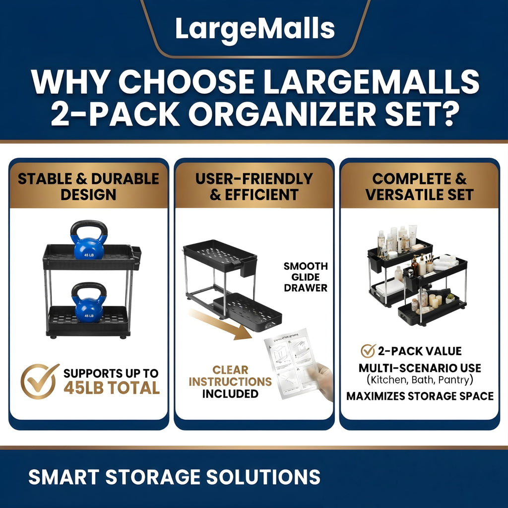 LargeMalls 2-Pack Under Sink Organizer with Sliding Drawers – Adjustable Height, Anti-Tip Design, Fits Around Plumbing – ABS Shelves & Stainless Steel Rods for Kitchen, Bathroom & Laundry Storage