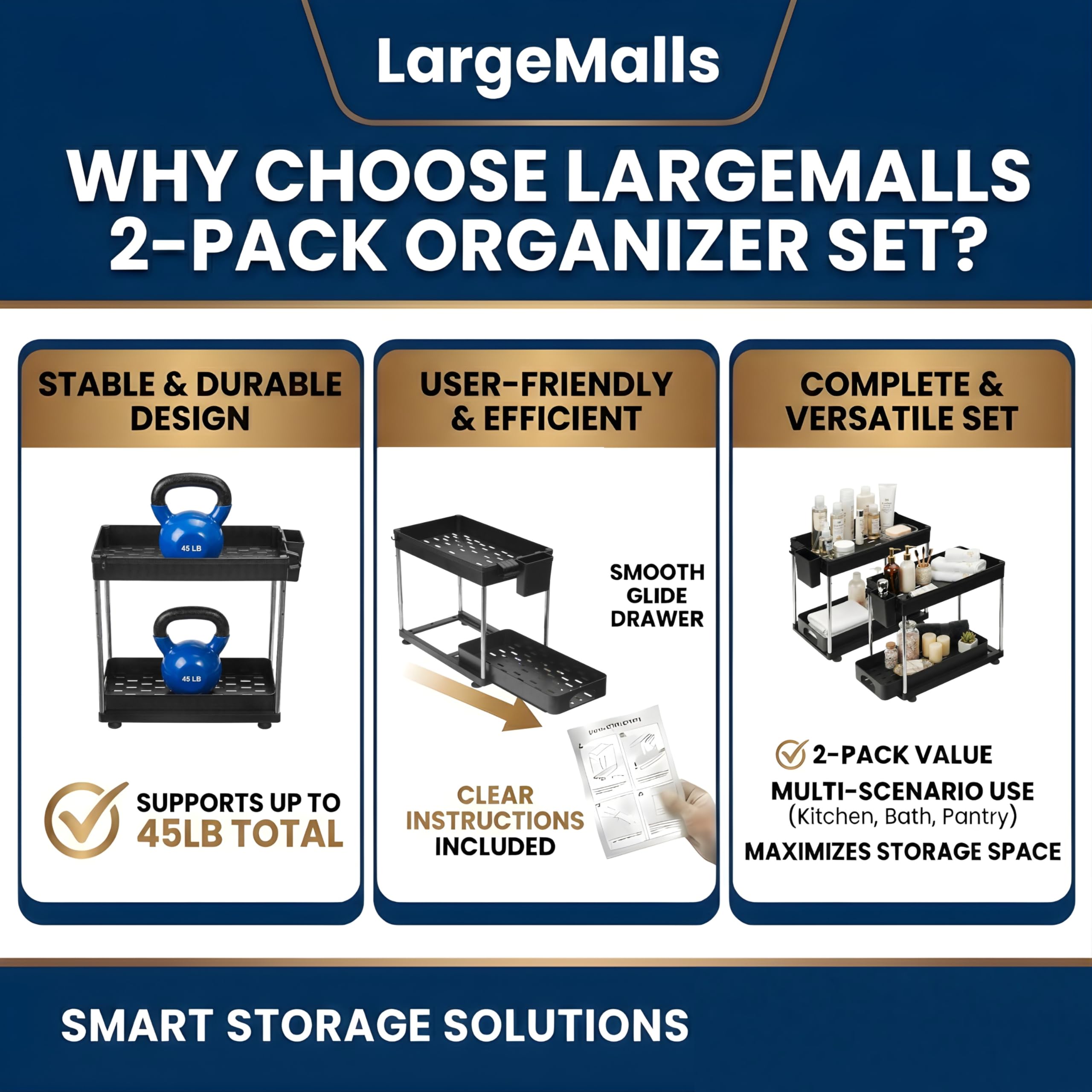 LargeMalls 2-Pack Under Sink Organizer with Sliding Drawers – Adjustable Height, Anti-Tip Design, Fits Around Plumbing – ABS Shelves & Stainless Steel Rods for Kitchen, Bathroom & Laundry Storage