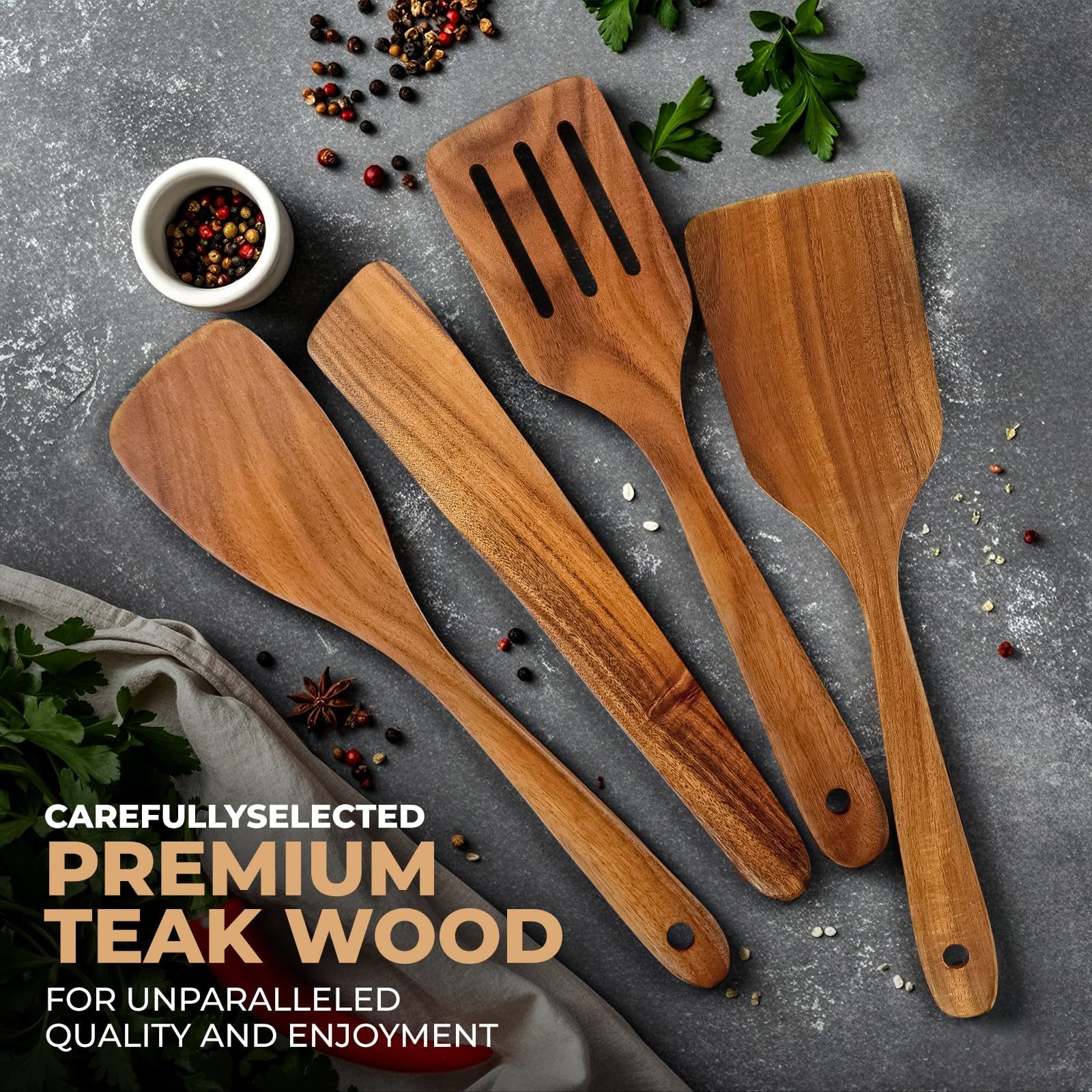 AIUHI Wooden Spatula for Cooking, 4Pcs Natural Teak Wood Turner Set for Nonstick Cookware, Wooden Cooking Utensil Set for Frying, Flipping, Scraping, and Turning