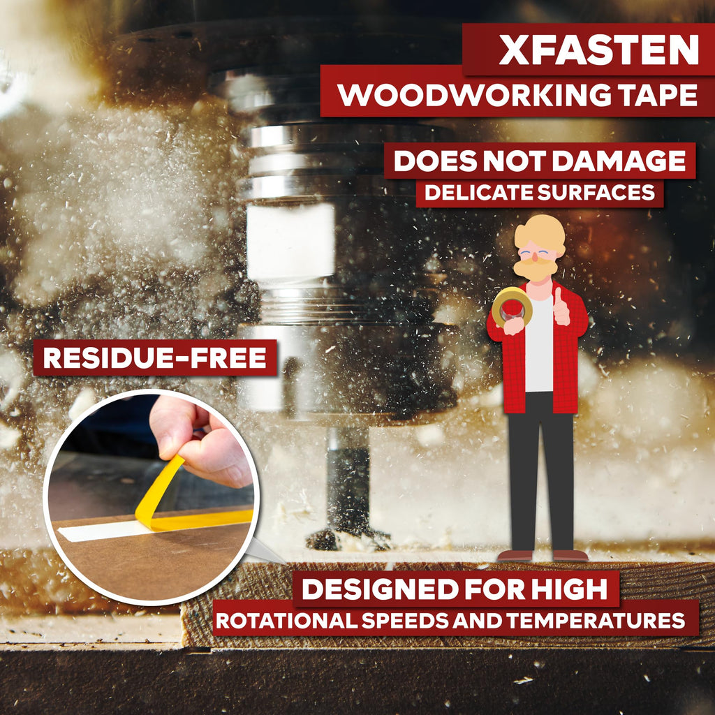XFasten Double Sided Woodworking Tape, 1 Inch x 180 Feet (3-Pack) - Residue-Free, Surface-Safe Router Template Tape for Delicate MDF, Hardwood, Acrylic, Metal, CNC Machines, Woodworkers, and Turners