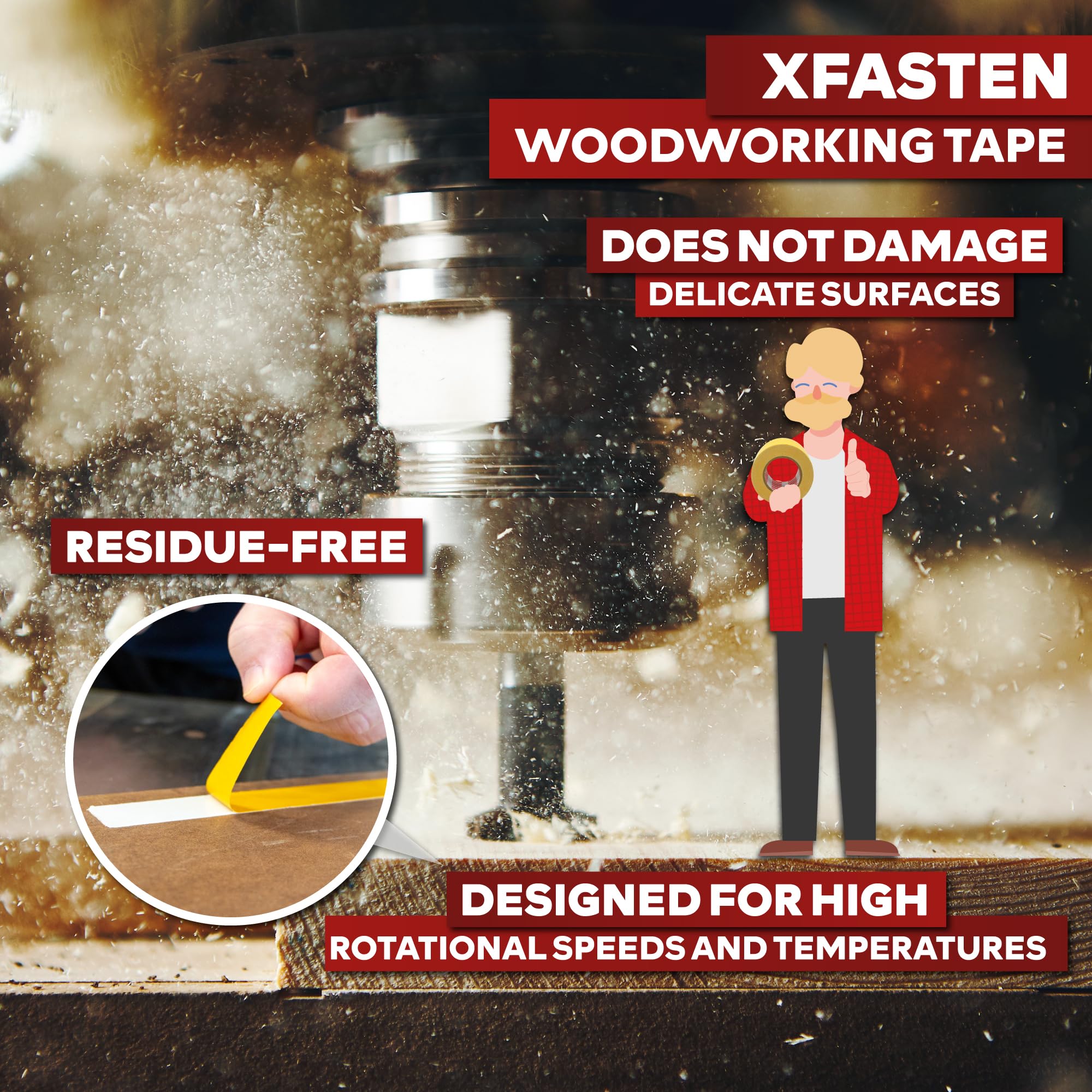 XFasten Double Sided Woodworking Tape, 1 Inch x 180 Feet (3-Pack) - Residue-Free, Surface-Safe Router Template Tape for Delicate MDF, Hardwood, Acrylic, Metal, CNC Machines, Woodworkers, and Turners