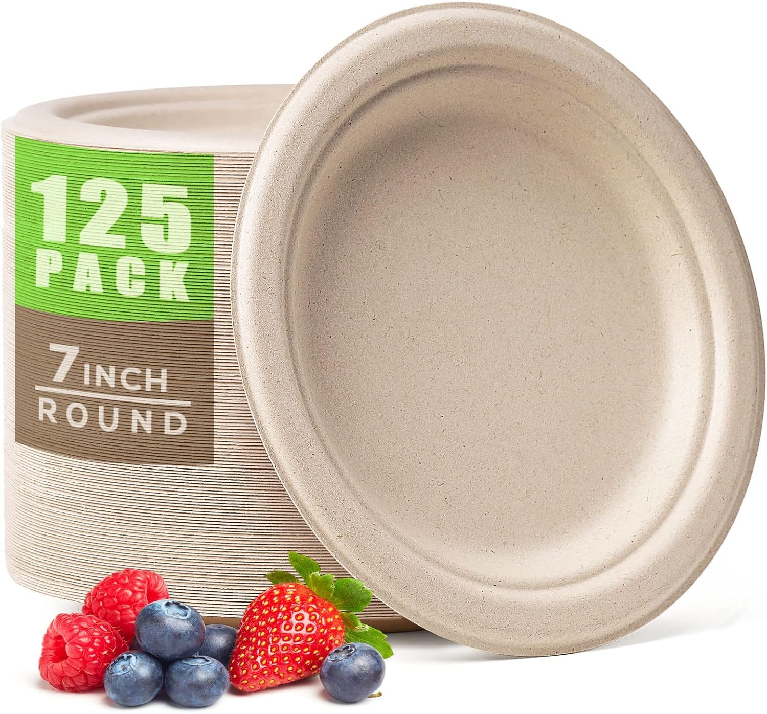Gezond Compostable Paper Plates 7 Inch, 125pcs Disposable Heavy-Duty Plates Unbleached Biodegradable Plate Made of Sugarcane Fiber
