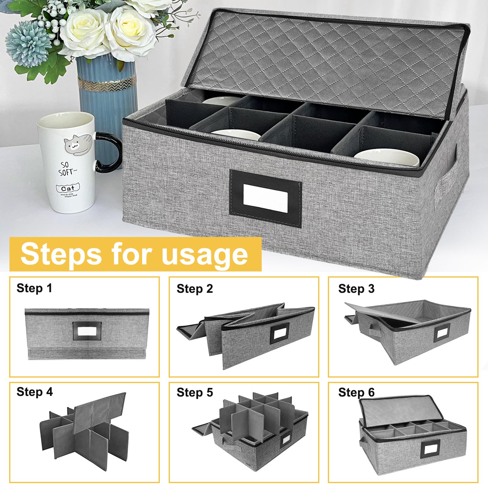 Coffee Mug Storage Box with Dividers, Durable China Storage Containers for Coffee Mugs, Tea Cups Storage Organizer with Lid, Handles, Label Window, Holds 12 Mugs, Hard Shell and Stackable