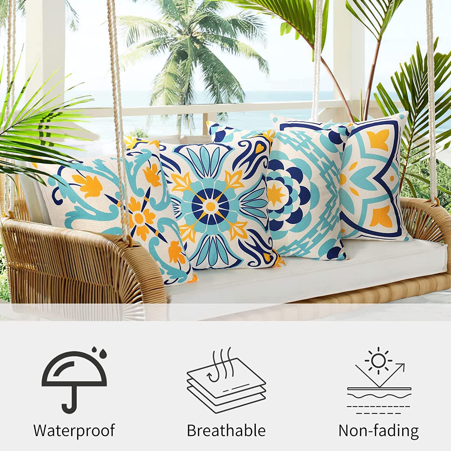 Dremisland Outdoor Throw Pillow Covers Waterproof Pillow Covers 18x18 Set of 4 Boho Linen Throw Pillow Covers Modern Blue Decorative Pillow Case for Patio Garden Balcony Couch Deck Chair