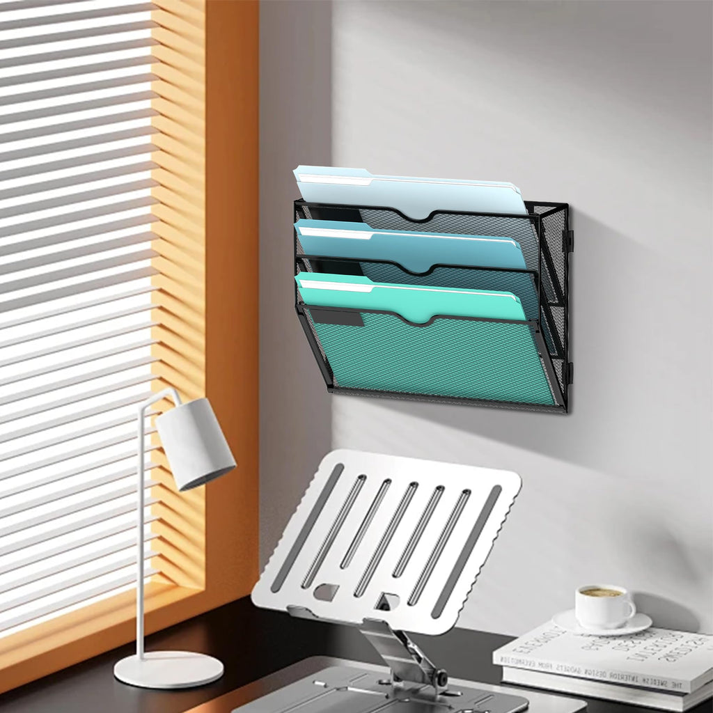 SUPEASY 3-Tier Wall File Organizer, Assembly Needed, Hanging Wall Files for Papers, Folders, Magazines, Wall Organizer for Clipboard, Black