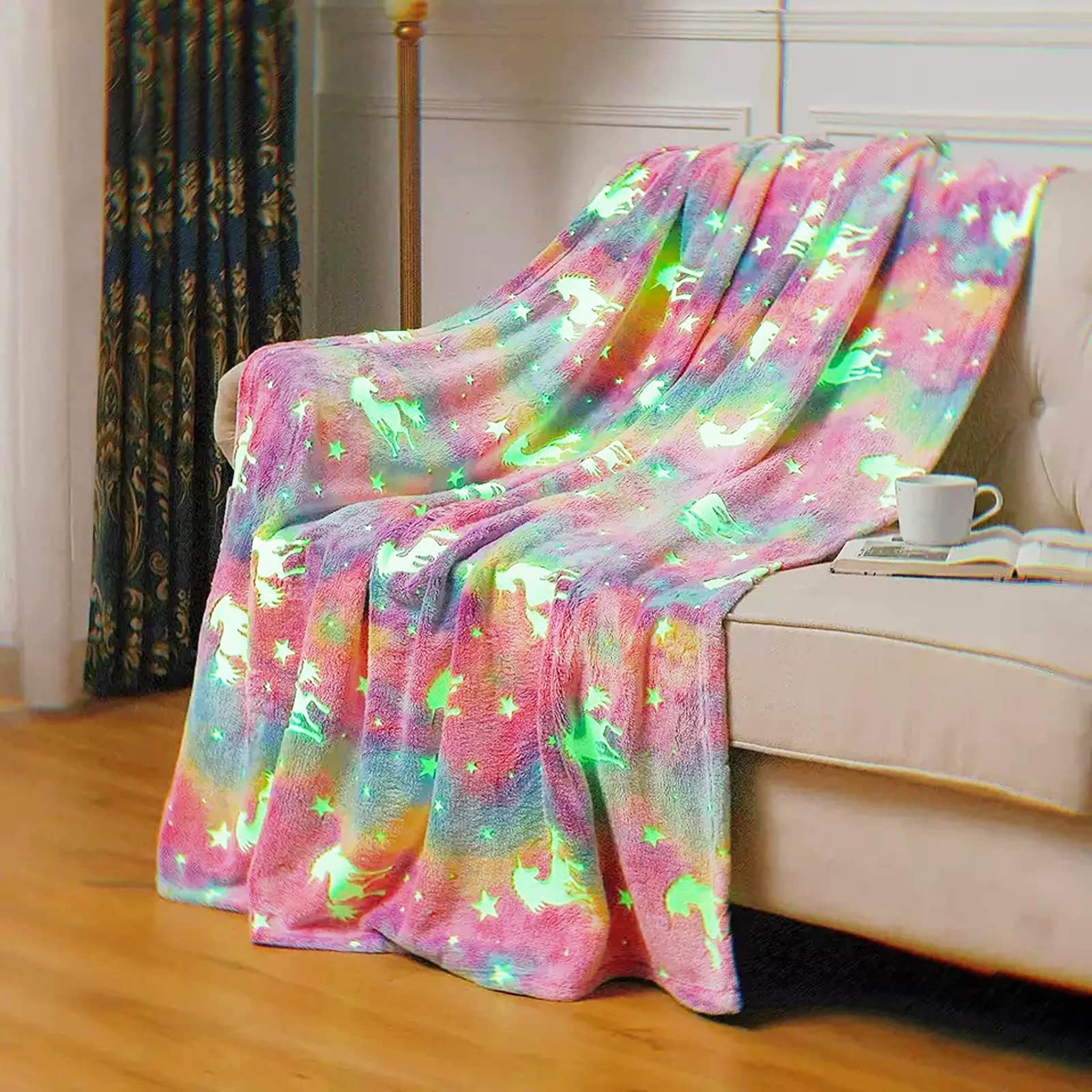 Happwow Glow in The Dark Blanket,Unicorn Blanket for Girls,Soft Throw Fuzzy Blankets Kids Rainbow Unicorn,50" x 60" Perfect for Kids Bed or Sofa,Christmas Birthday Unicorn Gifts