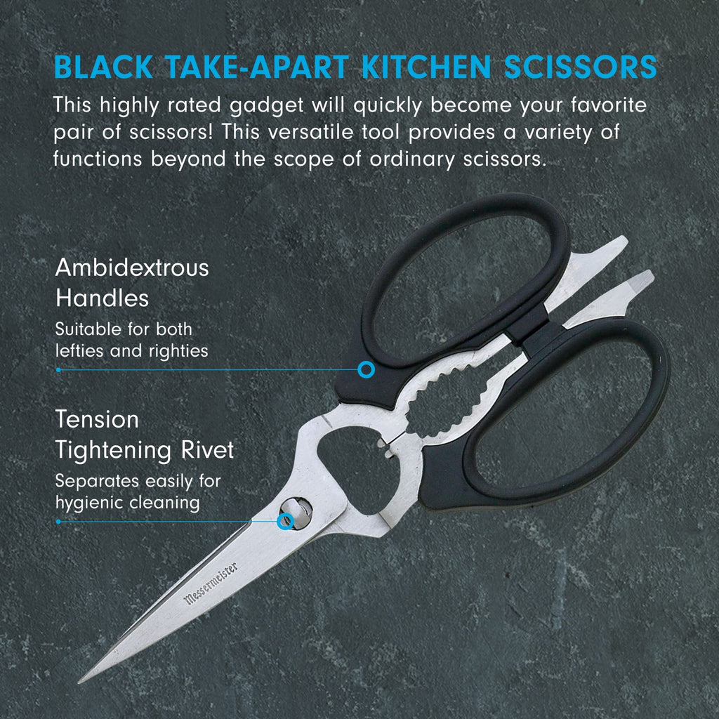 Messermeister 8-Inch Take-Apart Kitchen Scissors, Black - Includes Screwdriver, Nut Cracker, Jar Lid Opener/Gripper, Bottle Opener & Bone + Twig Cutter - Suitable for Lefties & Righties