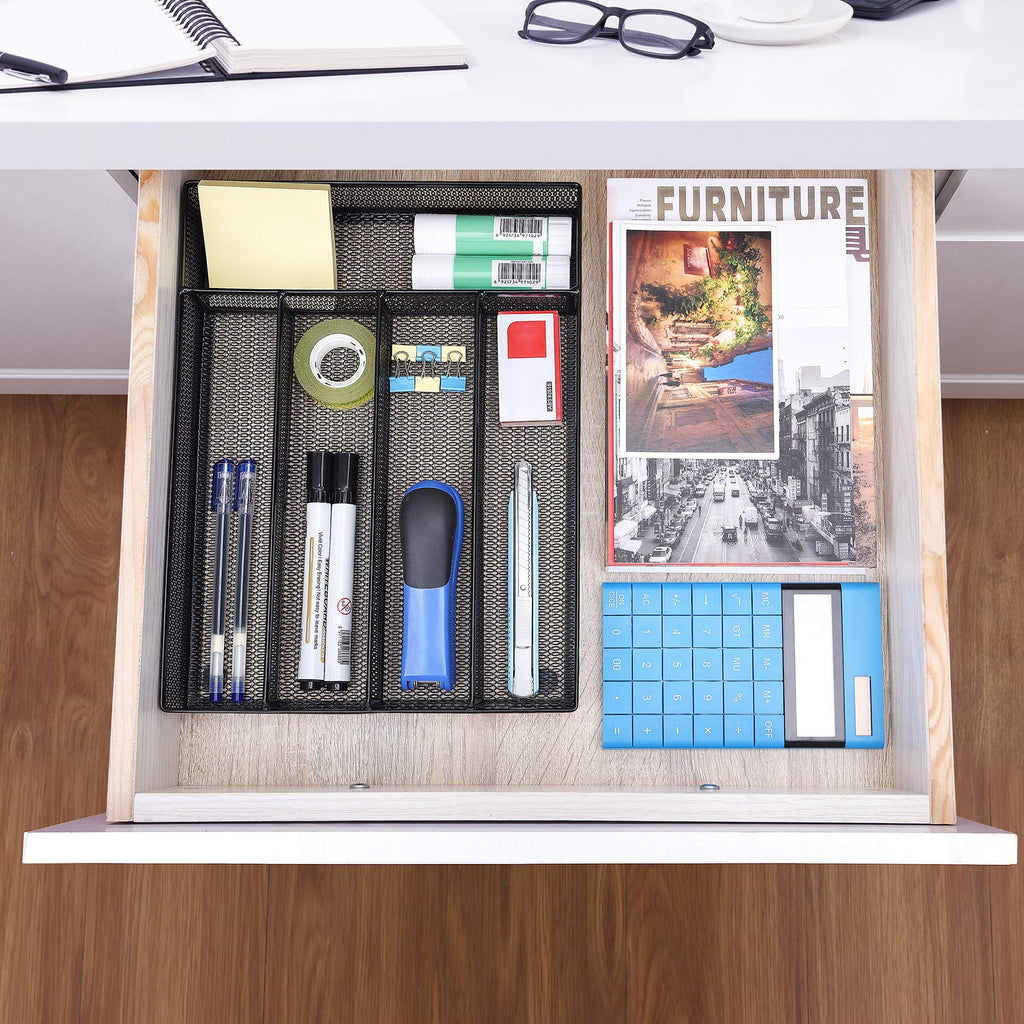 Office Drawer Organizer, 5 Compartments Desk Drawer Organizer Tray for Storage Office Supplies, Art Supplies, Stationery, Black