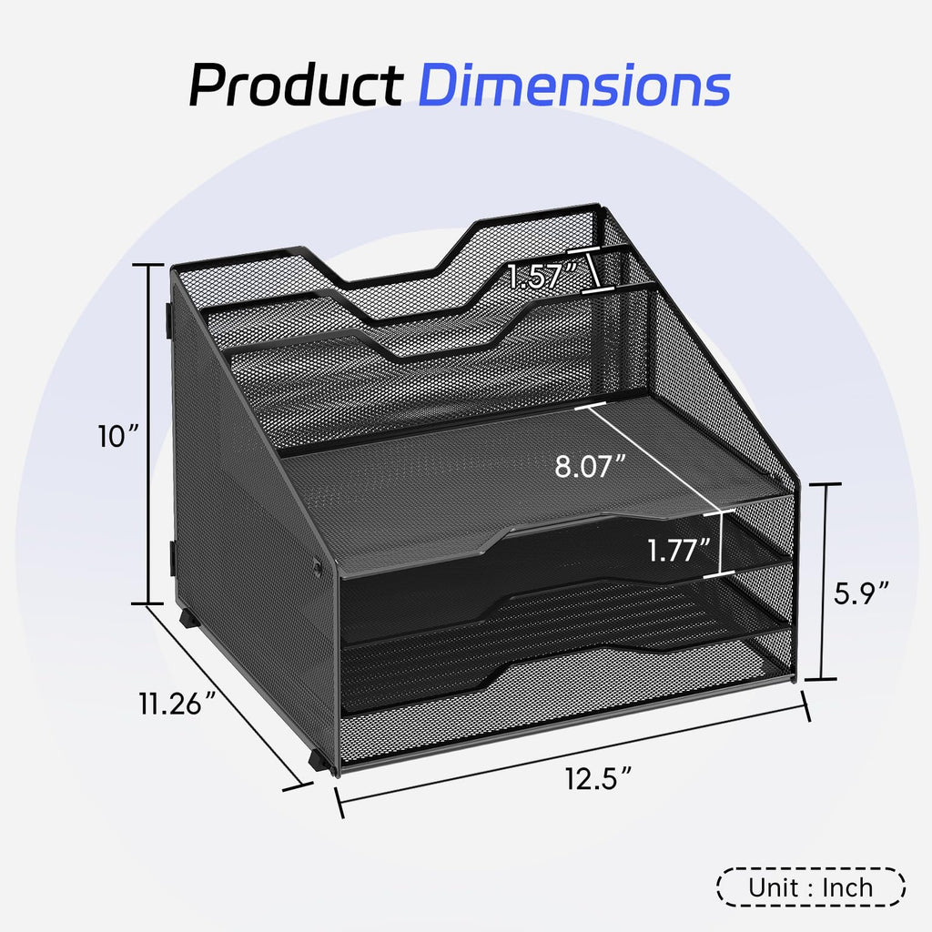 4-Tier Desk Organizer with File Holder, Desktop Letter Tray Holder with 3 Paper Trays and 2 Vertical Section for Folder, Black