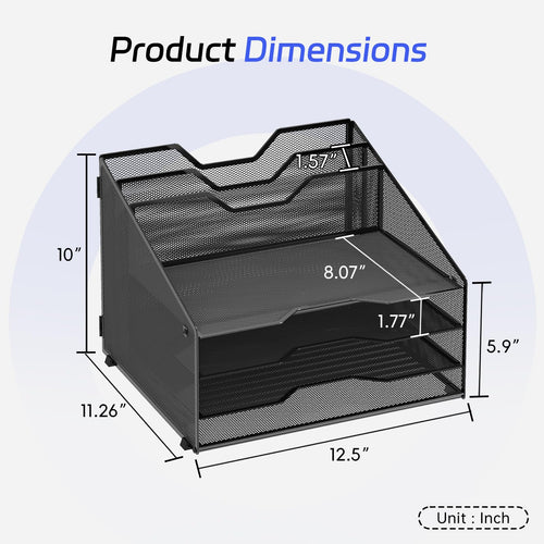 4-Tier Desk Organizer with File Holder, Desktop Letter Tray Holder with 3 Paper Trays and 2 Vertical Section for Folder, Black