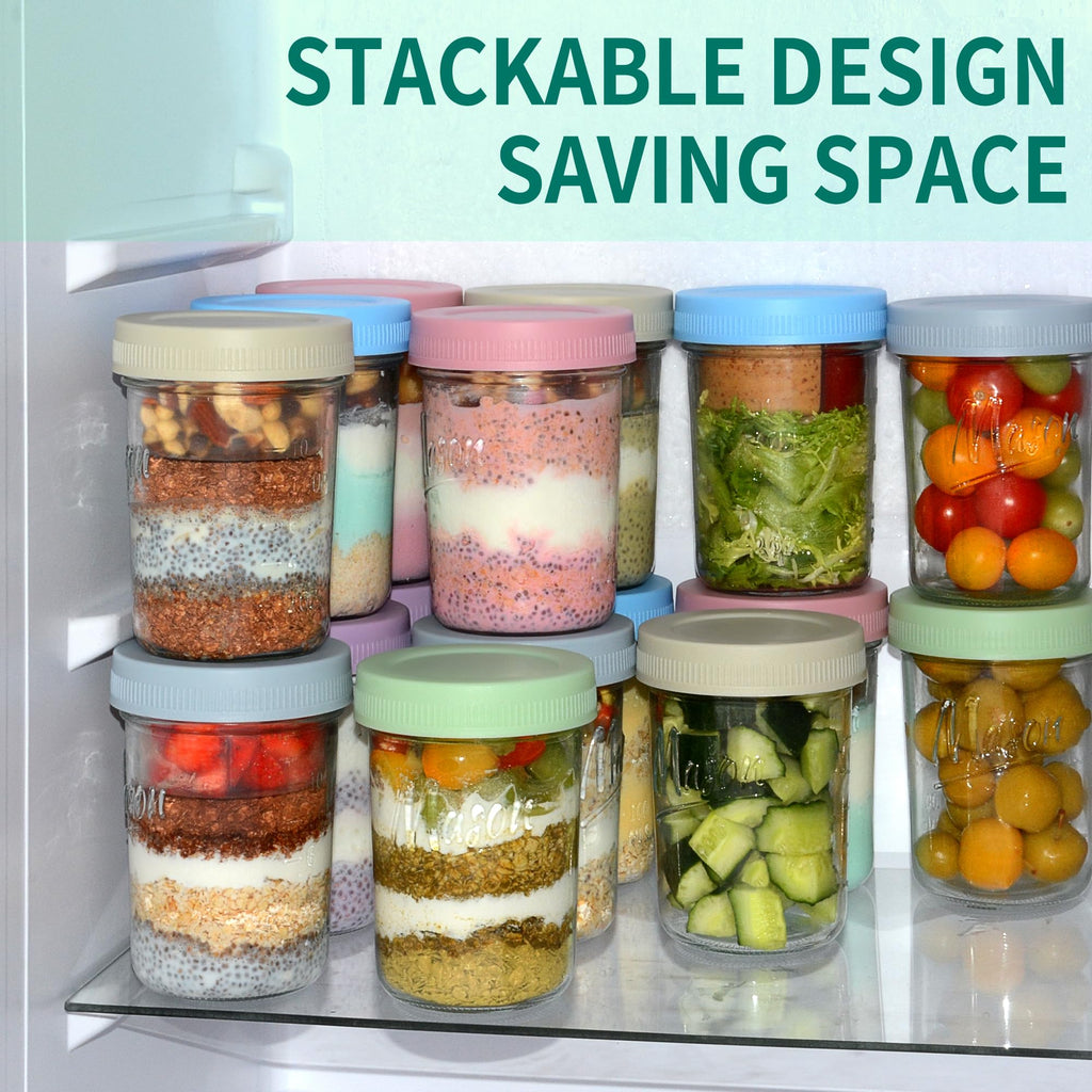 Xyptorix 16 oz Overnight Oats Containers with Lids, 6-Pack Leak-Proof Wide Mouth Mason Jars & Separate Compartments for Fruits/Nuts, Airtight Glass Jars for Chia Pudding, Yogurt, Parfait and Salad