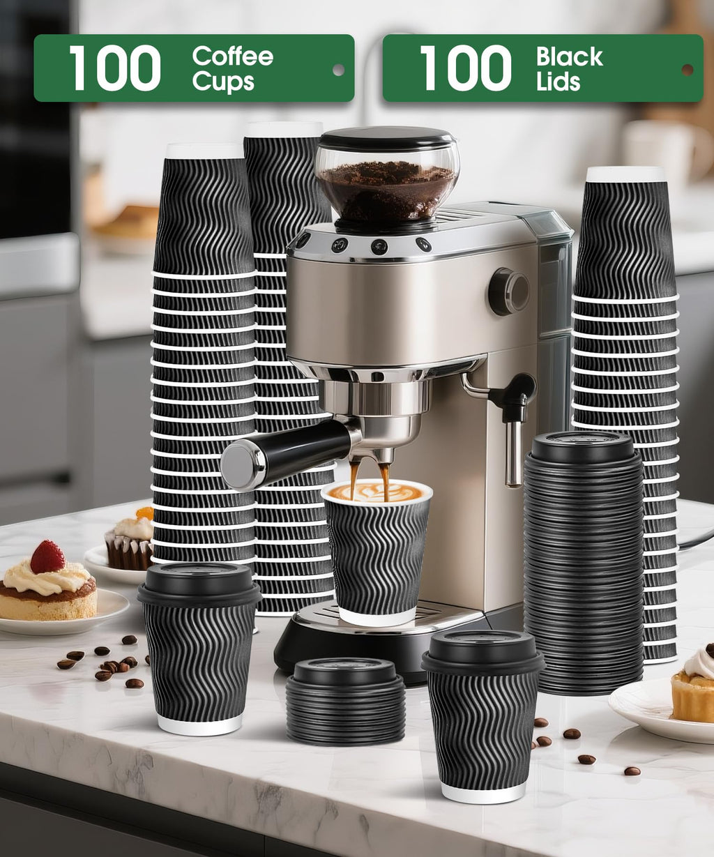 Sipthene 100 Pack 8 oz Disposable Coffee Cups with Lids, to Go Insulated Thick Coffee Cups for Hot/Cold Beverage, Corrugated Ripple Wall Cups for Espresso Coffee, Hot Chocolate and Cocoa - Black