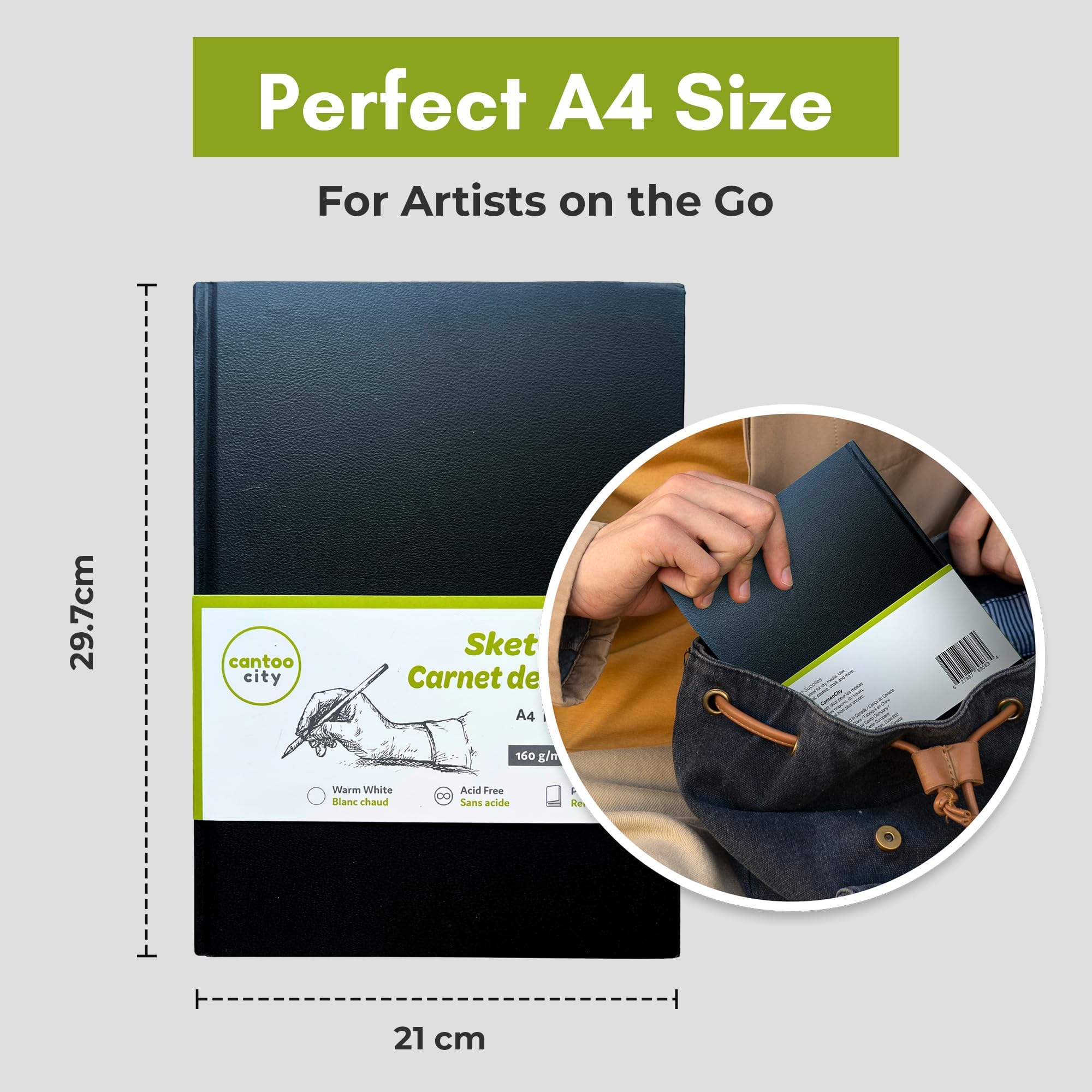 Cantoo City A4 Sketchbook, Professional Grade Black Hard Cover Sketch book, Art Drawing Book,Wood Free Warm White Paper Sketch Pad, Dry Media 100 Pages -160g/M² (108 Lb)