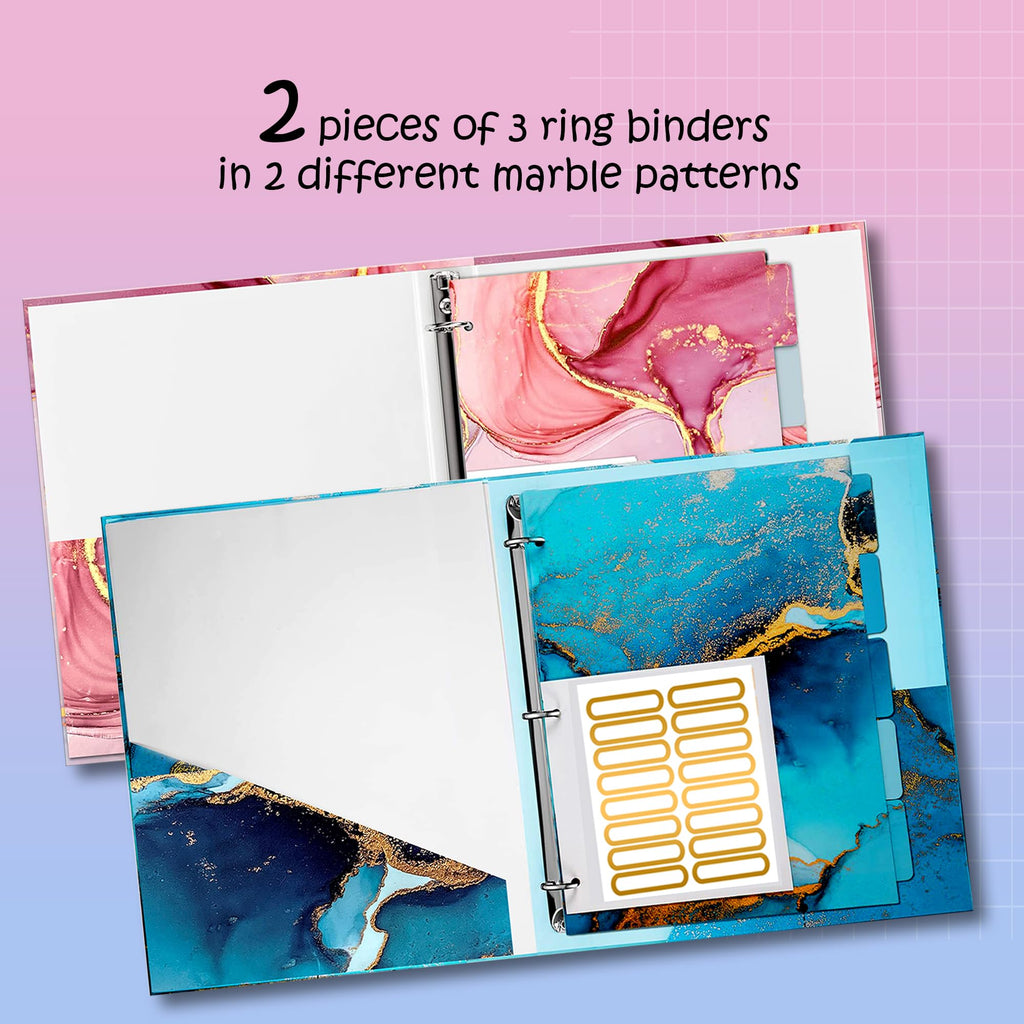 Performore 2 Pack of Fashion Binders 1 Inch with 2 Inner Pockets, Includes 5 Full-Size Tab Dividers, Index Tab Stickers Sheet, 1-Pink &1-Blue Decorative 3 Ring Binder, Aesthetic Cute Binder For School