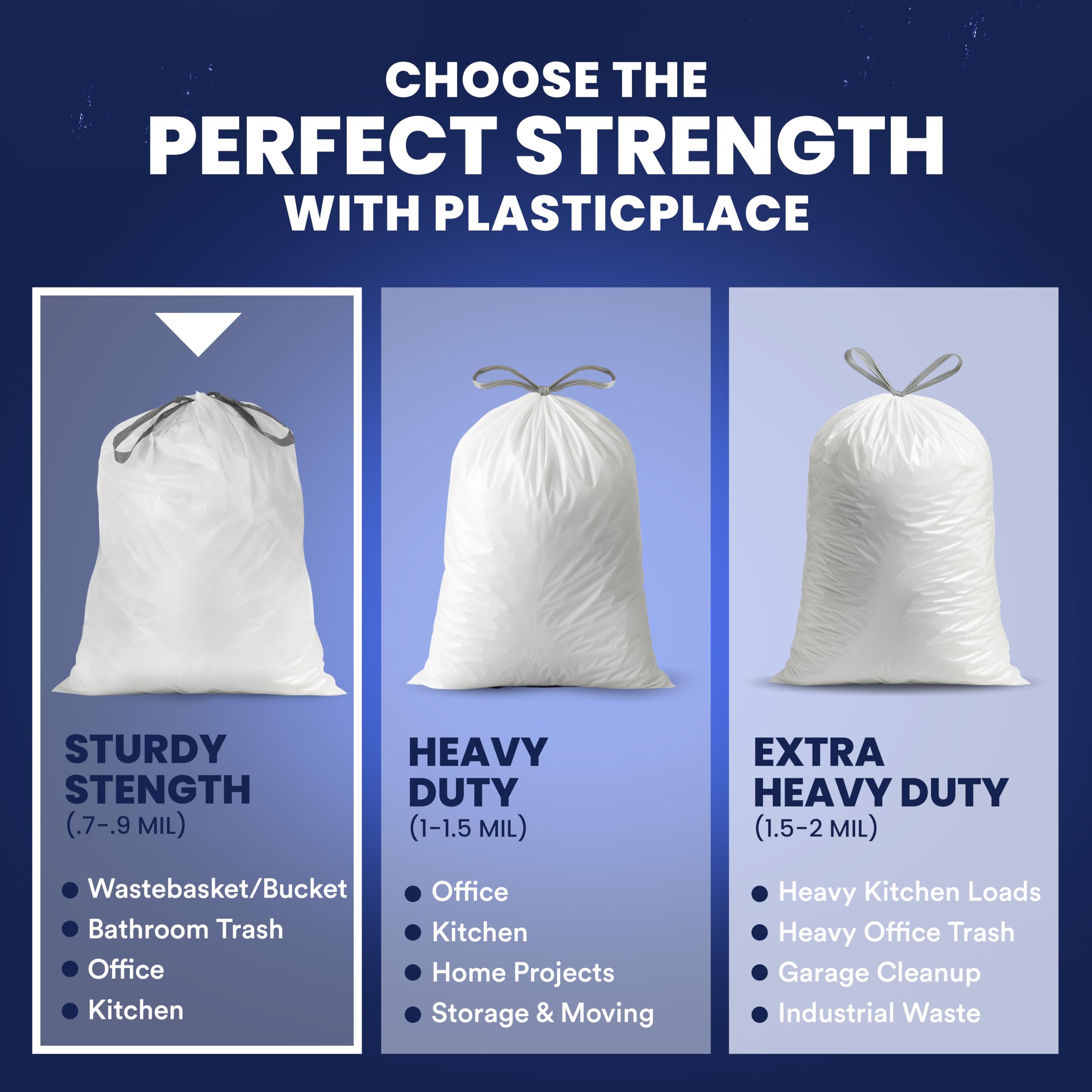 Plasticplace 8 Gallon Trash Bags │ 0.7 Mil │ White Drawstring Garbage Can Liners │ 22" x 22" (200 Case), Count