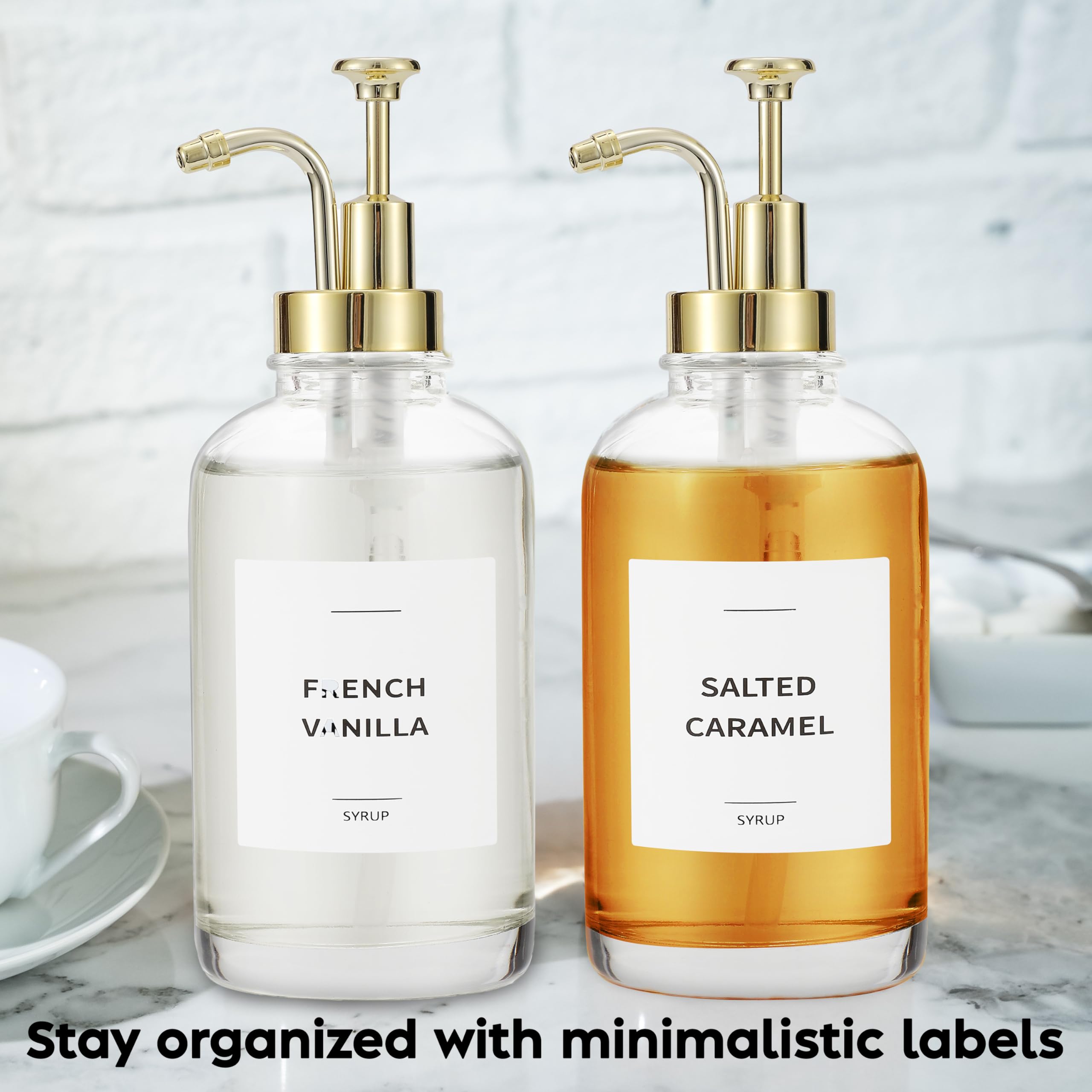 Spaceneat Coffee Syrup Dispenser with Pump - Includes 24 Flavor Labels - Glass Syrup Dispenser for Coffee Bar - Elevate your Beverage Station with 16.9 fl oz Flavoring Container Bottles, 2pcs, Gold