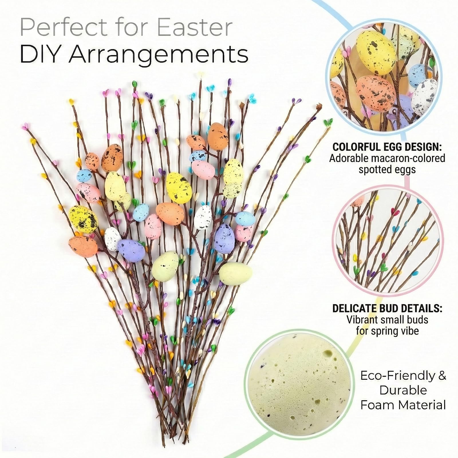 Artificial Easter Spray Vine with 2 Pastel Easter Eggs and 24 Berries - 26Pcs Spring Floral Stems for Floral Arrangement, Wreath, Centerpiece, Easter Home Decor