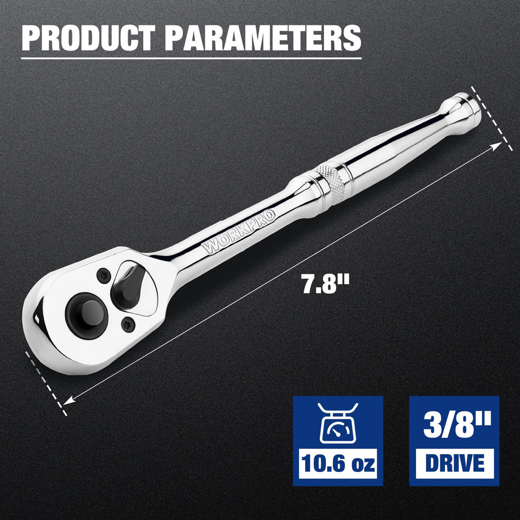 WORKPRO 3/8-Inch Drive Ratchet, Quick-Release Reversible Ratchet Wrench, 72-Tooth 3/8 Drive Ratchet Handle, Chrome Alloy Made, Cr-Mo Head, Full Polished