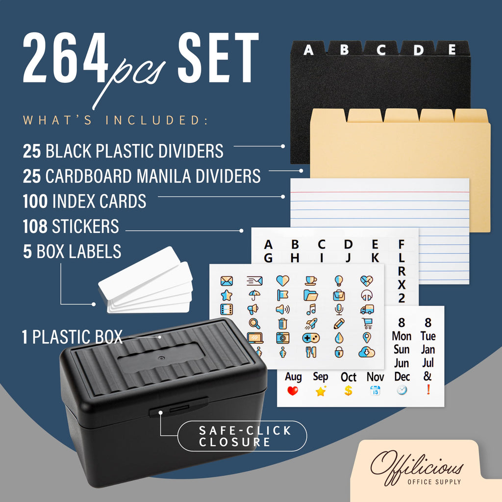 OFFILICIOUS Index Card Holder 3x5" Set – Heavy-Duty Index Card Organizer Box with Dividers – 100 Ruled Index Cards 3x5, 25 Manila Dividers, 25 Plastic Dividers, 72 Easy-Read Stickers & 5 Box Labels