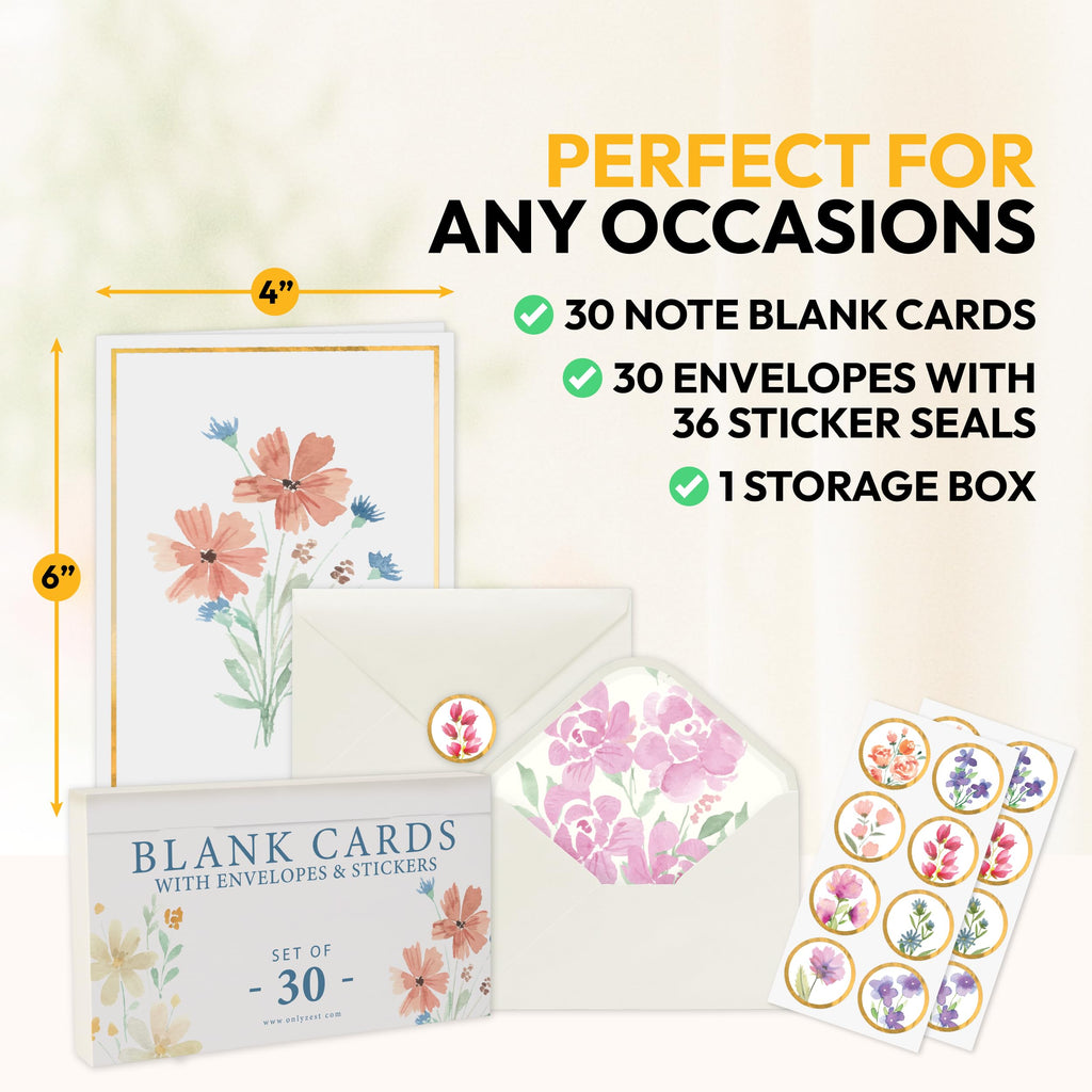 Only Zest 30 Blank Cards with Envelopes Set 4x6 Inch – Minimalistic Floral Design with Gold Border – Note Cards for Greetings, Thank You, Sympathy, Encouragement, Celebration, Personal Messages