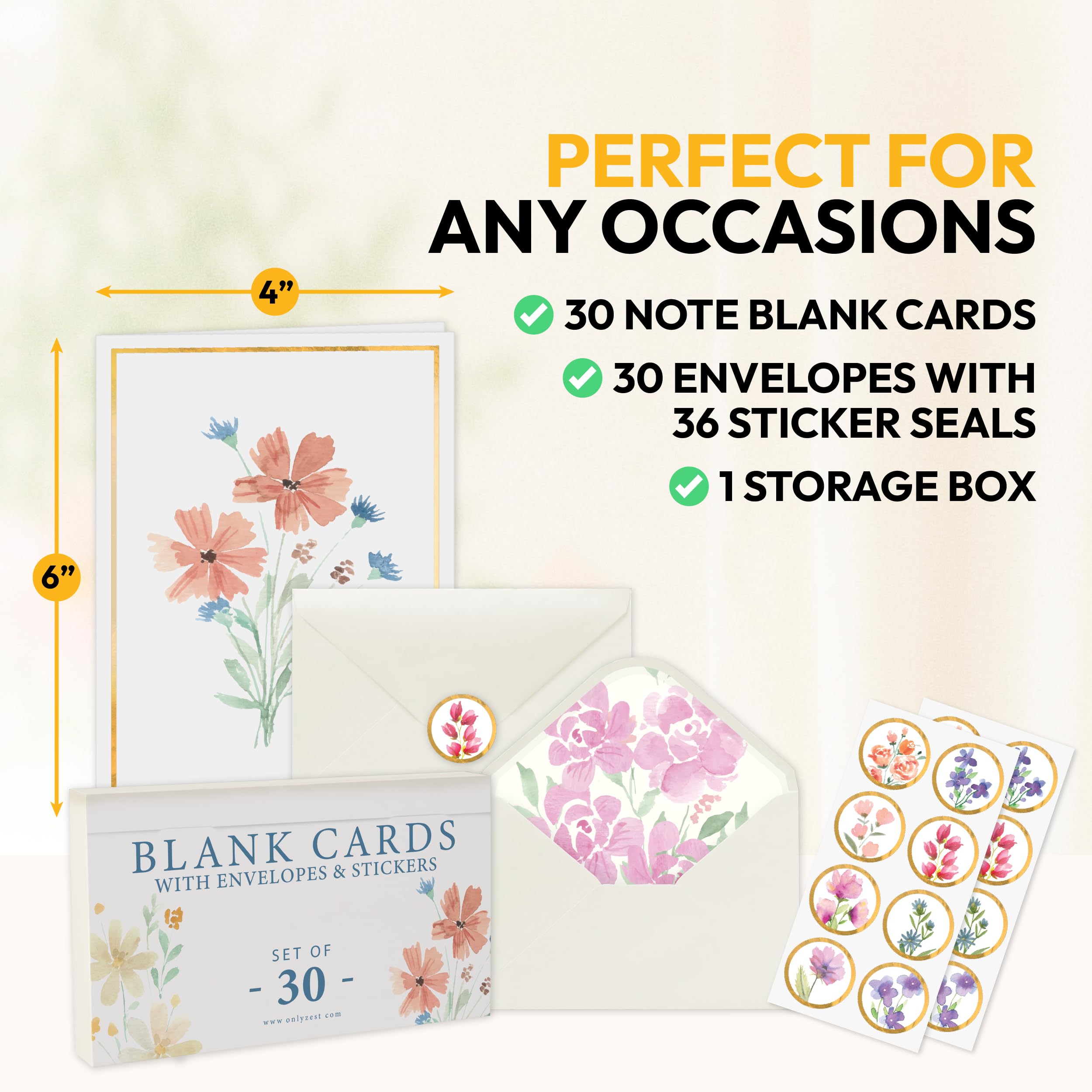 Only Zest 30 Blank Cards with Envelopes Set 4x6 Inch – Minimalistic Floral Design with Gold Border – Note Cards for Greetings, Thank You, Sympathy, Encouragement, Celebration, Personal Messages