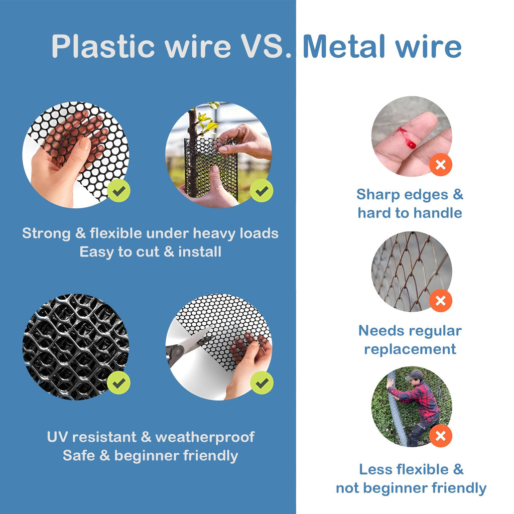 15.7IN x 10FT Black Plastic Chicken Wire Mesh Roll - Durable Plastic Mesh Fence for Poultry, Dogs, Rabbits, Garden & Snake Barrier - Easy to Cut & Install with 16 Zip Ties