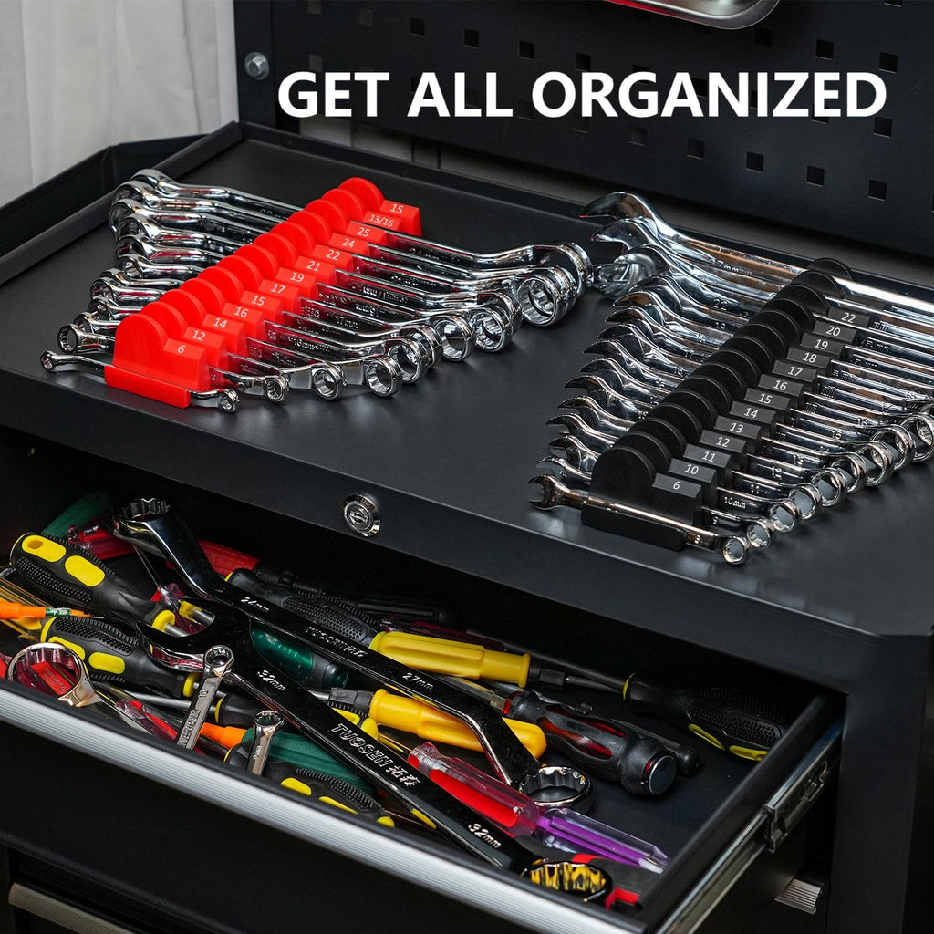 48 pcs Modular Wrench Organizers for Tool Drawers - Wrench Rack with Metric&SAE Labels, Perfect Tool Storage Holder. Gift for Father, Brother and Boyfriend (Black Without Magnet)