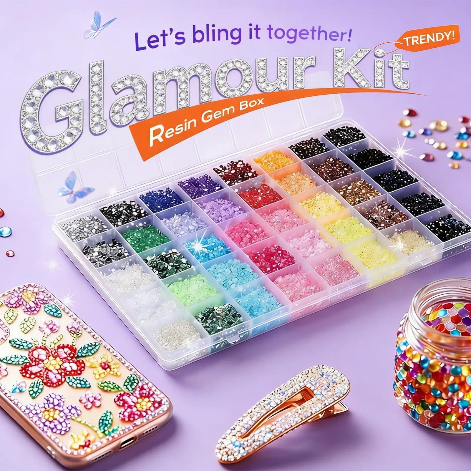 Colorful DIY Resin Rhinestone Kit for Bedazzling, 40 Colors Resin Jelly Rhinestones for Bedazzling, 3mm 32000 Pcs Flatback Gems with B7000 Jewelry Glue,for Diamond Art, Nail Art & Crafts(32000)