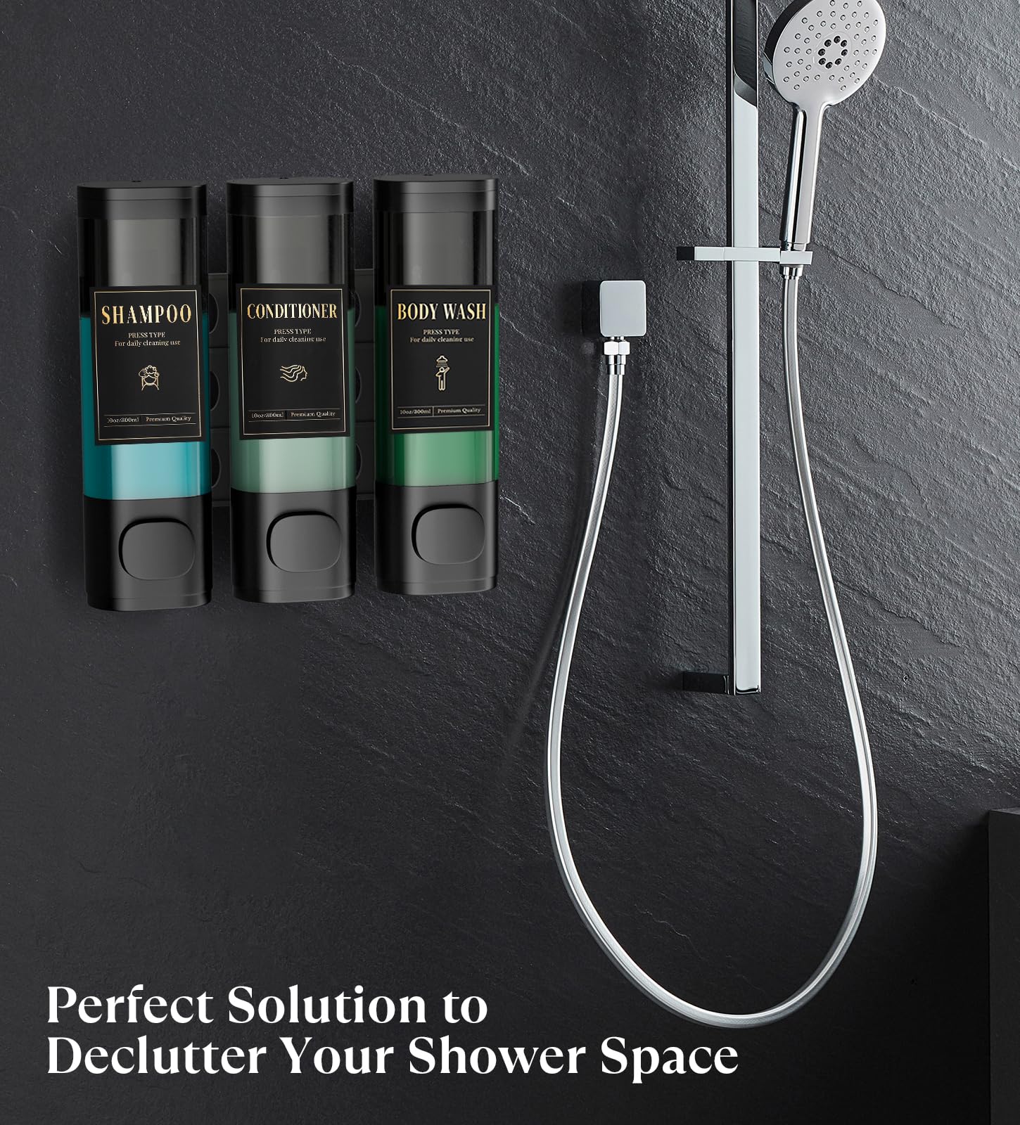 Luxspire Shampoo and Conditioner Dispenser, No Drill Wall Mounted Shower Soap Dispenser 3 Chamber with Waterproof Labels, Easy Refill Soap Dispenser for Bathroom Hotel Kitchen, Black