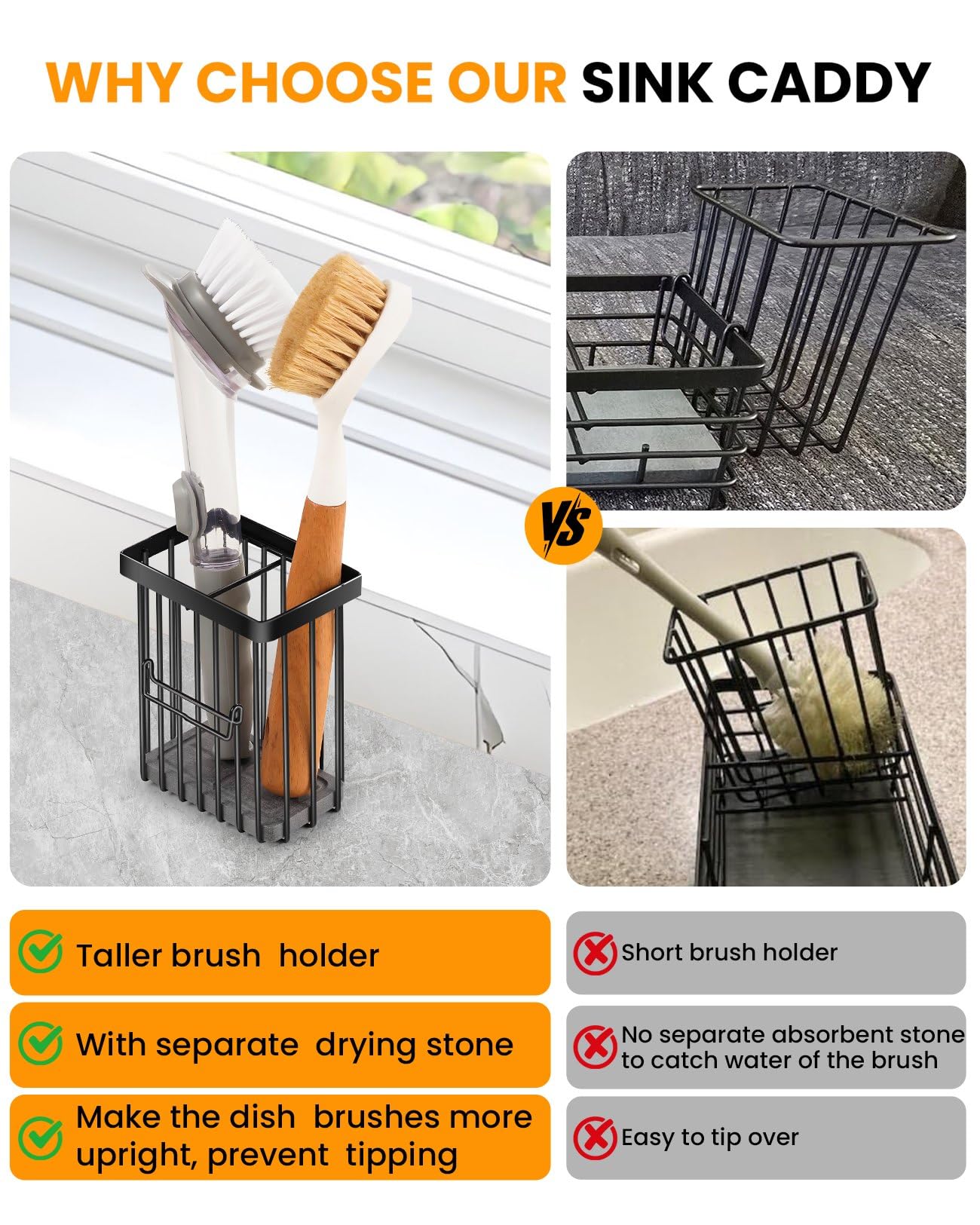 ARTLEO Kitchen Sink Caddy with Water Absorbent Diatomite Stone Sink Tray, Fast Drying Sink Organizer with High Dish Brush Holder Sponge Holder for Kitchen Sink, Stainless Steel