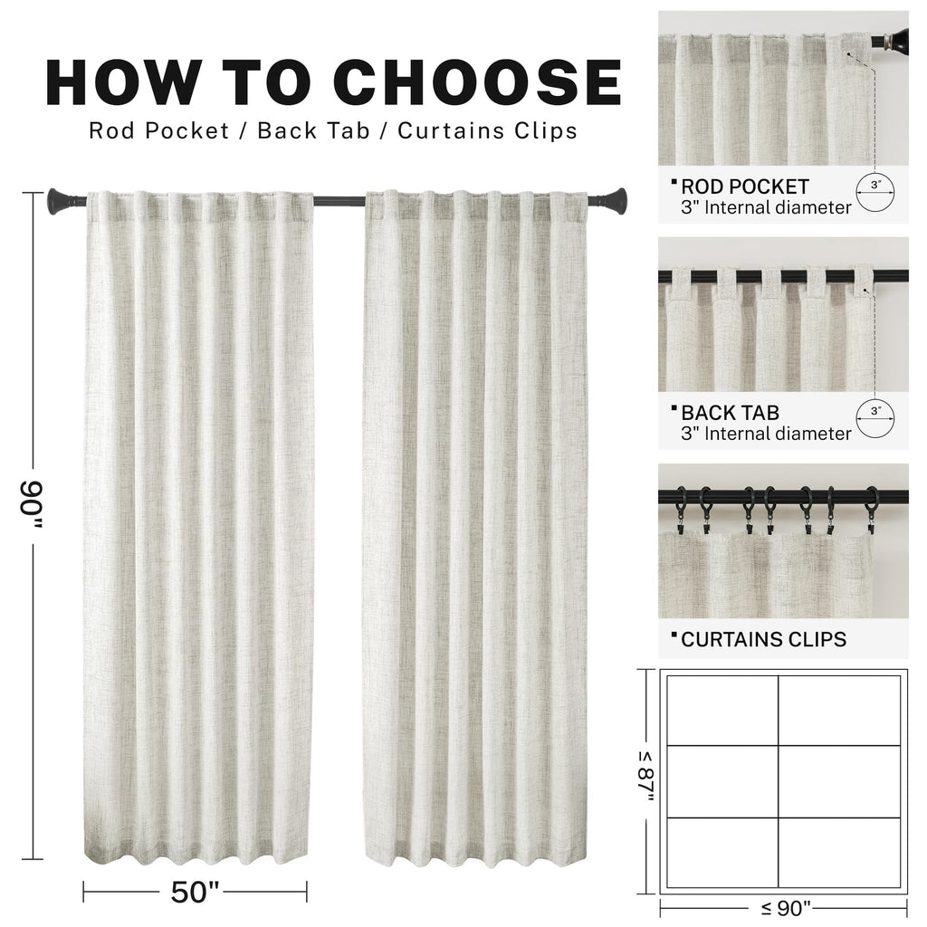 MEETBILY Curtains Panels for Back Tab Semi Sheer, Linen Textured Drapes Rod Pocket, Flax Curtains for Farmhouse/Bedroom/Living Room/Window (2-Pack, 50 x 90 inch, Natural)