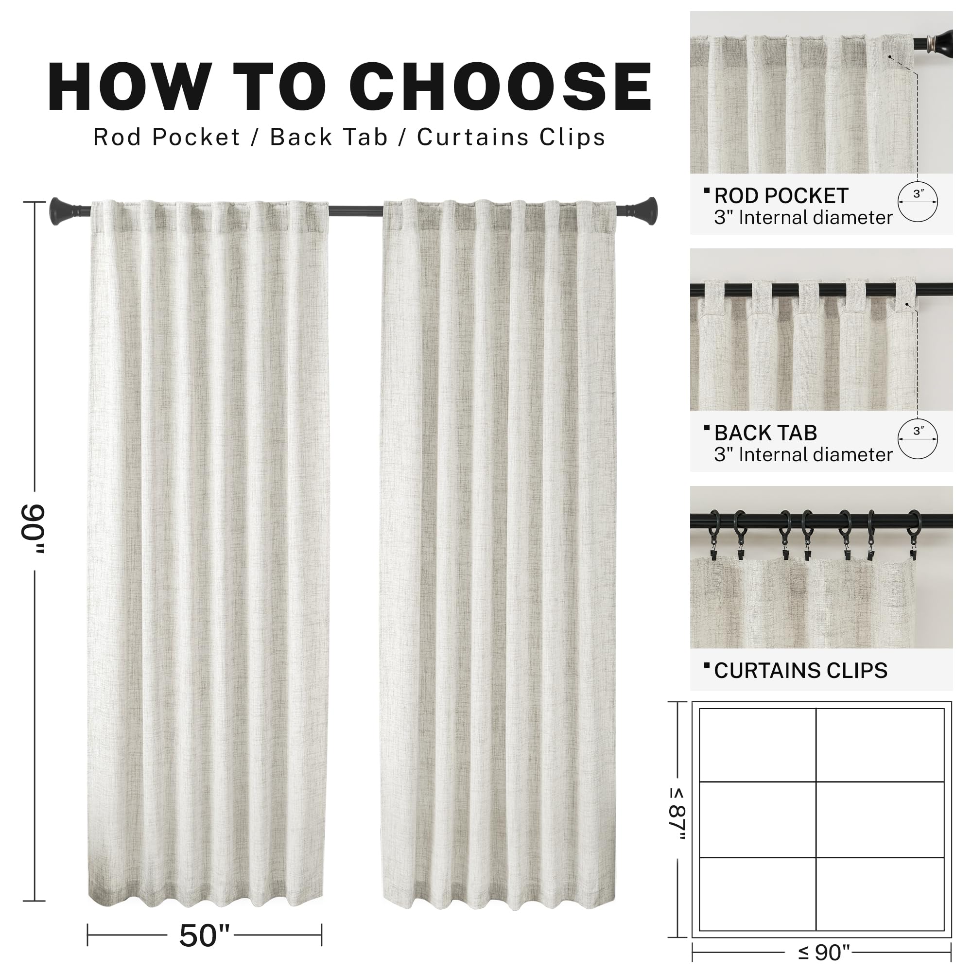 MEETBILY Curtains Panels for Back Tab Semi Sheer, Linen Textured Drapes Rod Pocket, Flax Curtains for Farmhouse/Bedroom/Living Room/Window (2-Pack, 50 x 90 inch, Natural)