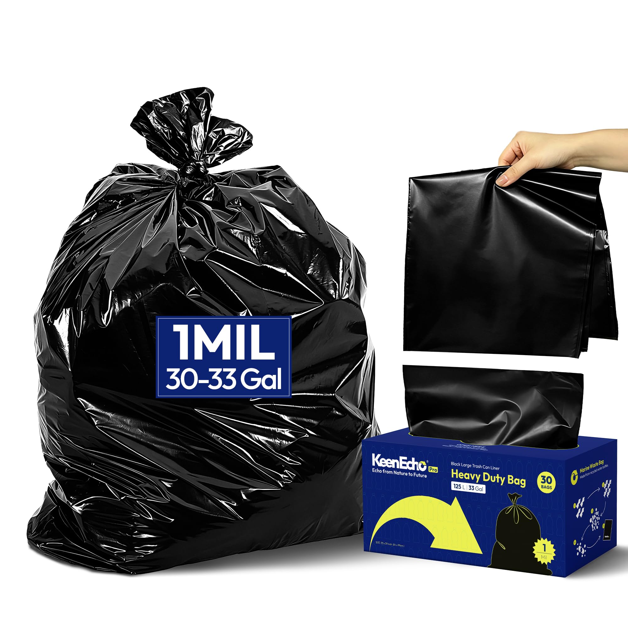 KeenEcho Heavy Duty Contractor Trash Bags 33 Gallon 30 Count, 1.0 Mil, Strong Black Garbage Bags, Leakproof Star Seal for Construction, Yard, Demolition Debris