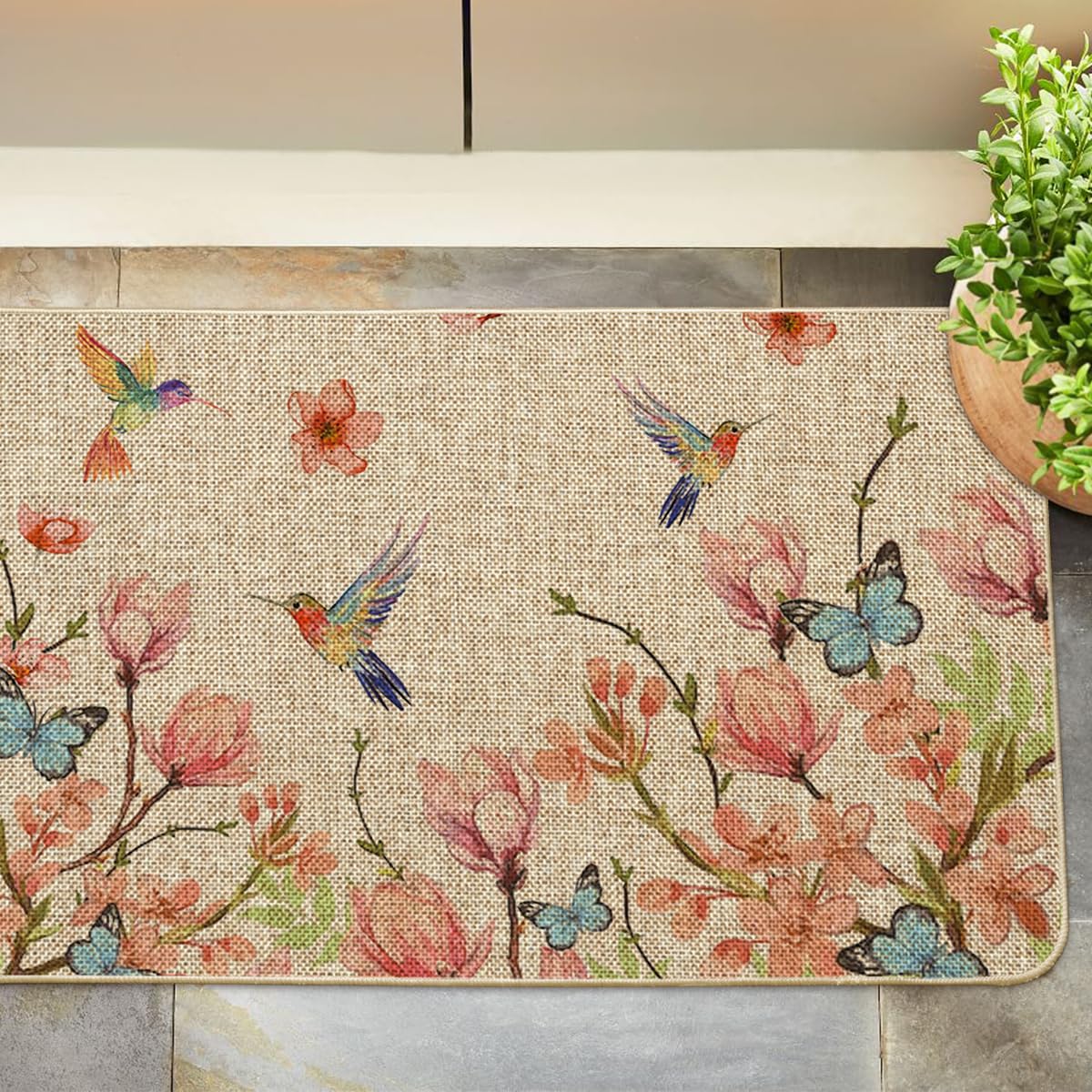 Artoid Mode Hummingbird Butterfly Flowers Spring Doormat, Seasonal Summer Home Decor Low-Profile Switch Rug Door Mat Floor Mat for Indoor Outdoor 17x29 Inch