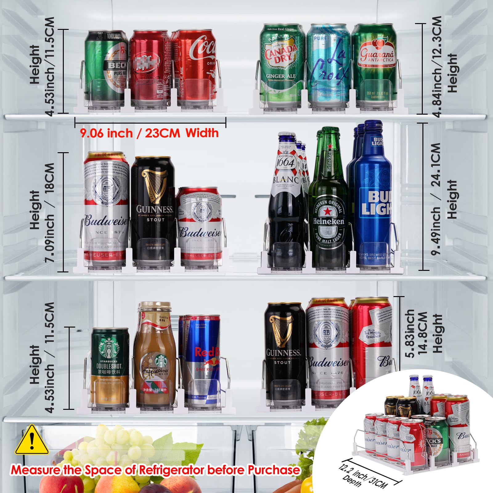 Automatic Soda Can Organizer for Refrigerator Already Assembled Can Dispenser for Soda Seltzer Drink Pop Can Holder Self-Pushing Drink Organizer for Fridge Storage 12 cans of 11.15oz 12oz 16oz 16.9oz