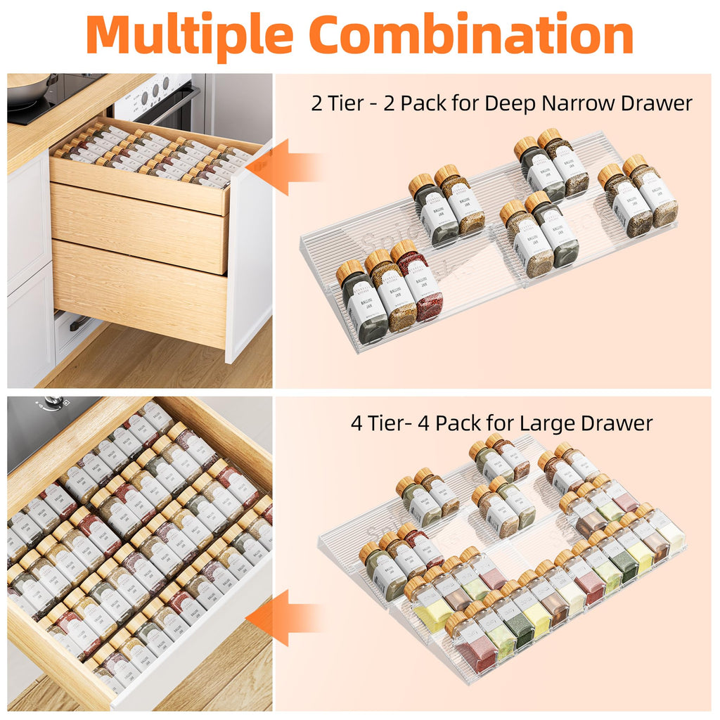 PanPanPal Spice Drawer Organizer, 2 Tier- 2 Pack Clear Acrylic Drawer Seasoning Organizer, Expandable From 11'' to 22'' Kitchen Spice Rack Organizers and Storage for Drawer (Jars not included)