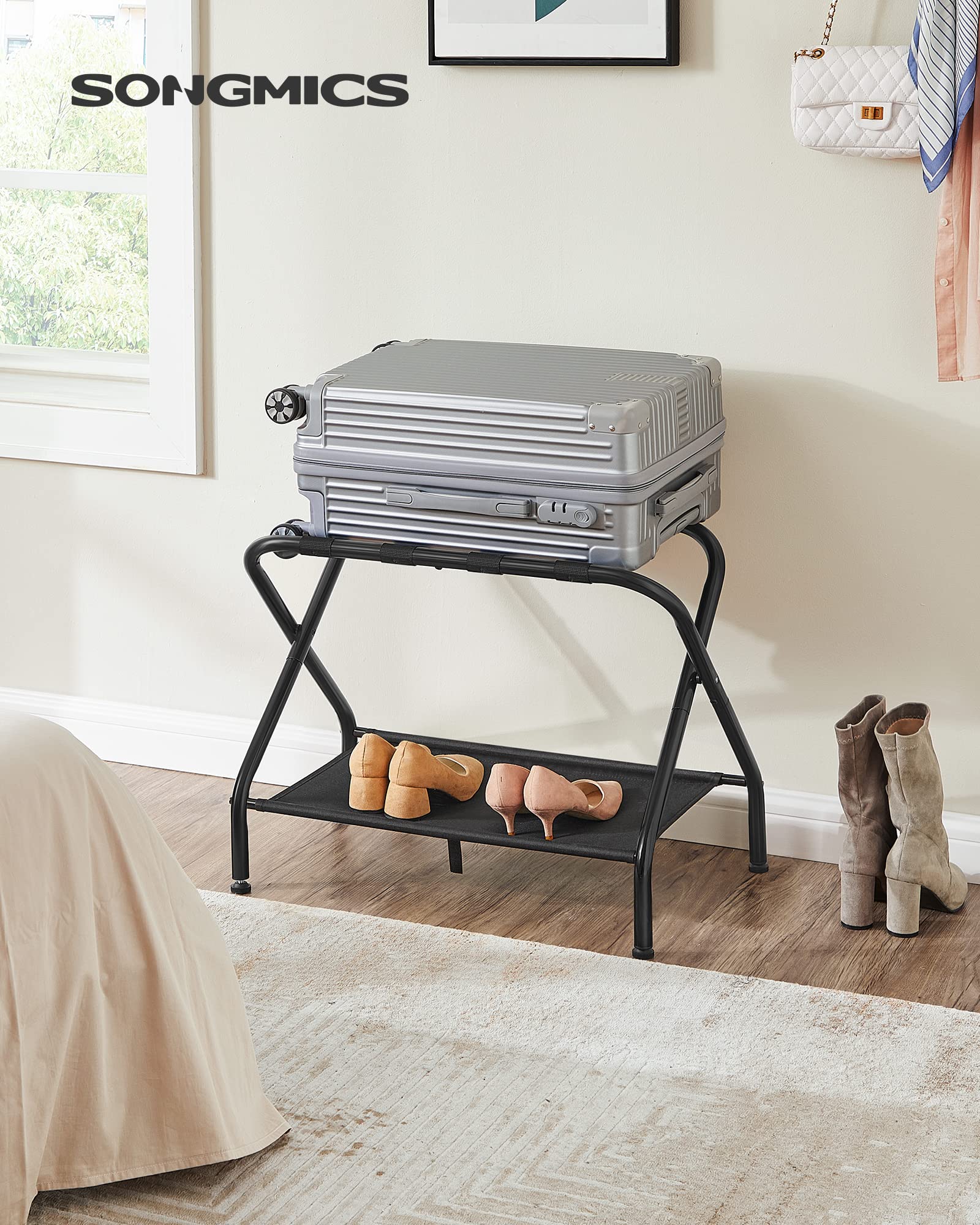 SONGMICS Luggage Rack, Suitcase Stand with Fabric Storage Shelf, for Guest Room, Bedroom, Hotel, Foldable, Holds up to 50 kg, 69 x 38 x 52 cm, Black URLR002B01V1