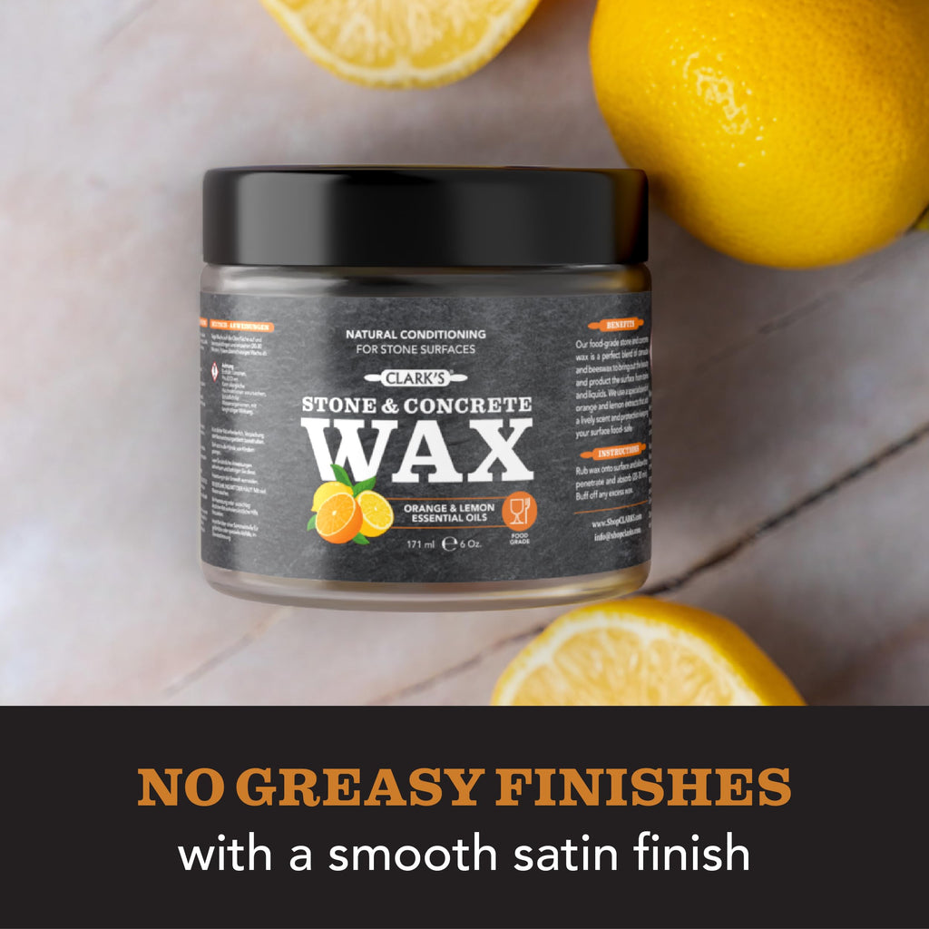 CLARK'S Finishing Kit for Soapstone - Slate and Concrete Countertops Wax- Includes Wax - Large Applicator and Buffing Pad - Carnauba Wax Food Grade (6oz) - Enriched with Natural Lemon & Orange Extract