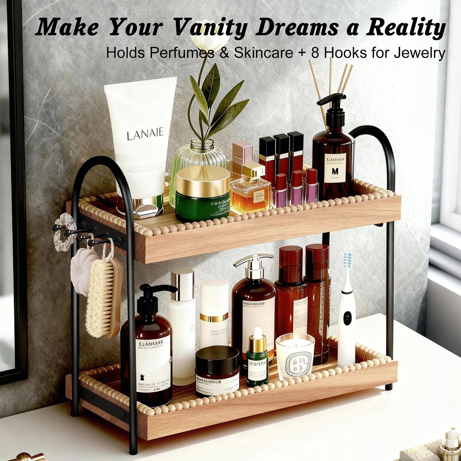 Perfume Organizer & Makeup Stand 2-Tier with 8 Hooks - Large Bathroom Counter Shelf for Vanity Storage, Skincare Display & Cologne Dresser Beauty Holder |Washroom Paulownia Wood Tray (44x18.5x32cm)