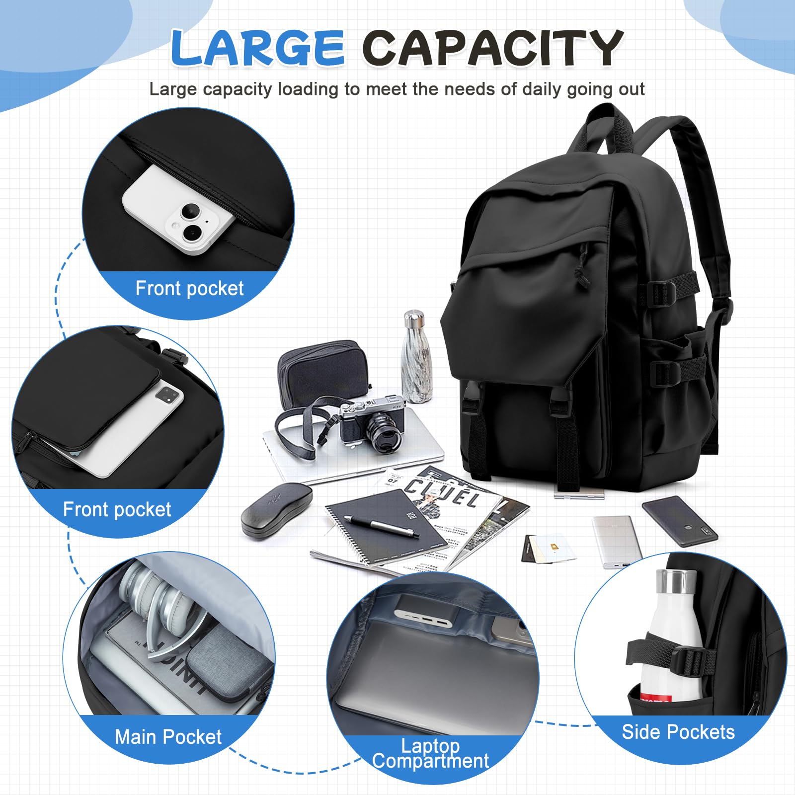 School Backpack for Women Men College High School Bags for Boys Girls Casual Daypack Laptop Backpack Waterproof Black Bookbag Travel Rucksack