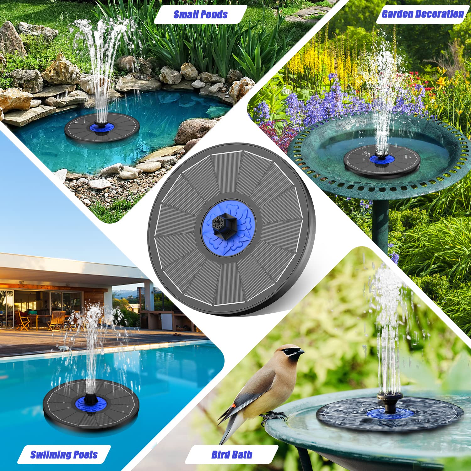 SZMP Solar Fountain Upgrade, 3.5W Solar Powered Bird Bath Fountains with Flower, Outdoor Water Feature Solar Fountain Pump with 7-in-1 Nozzles, 4 Fixed Pipes for Humingbirds, Birdbath, and Garden