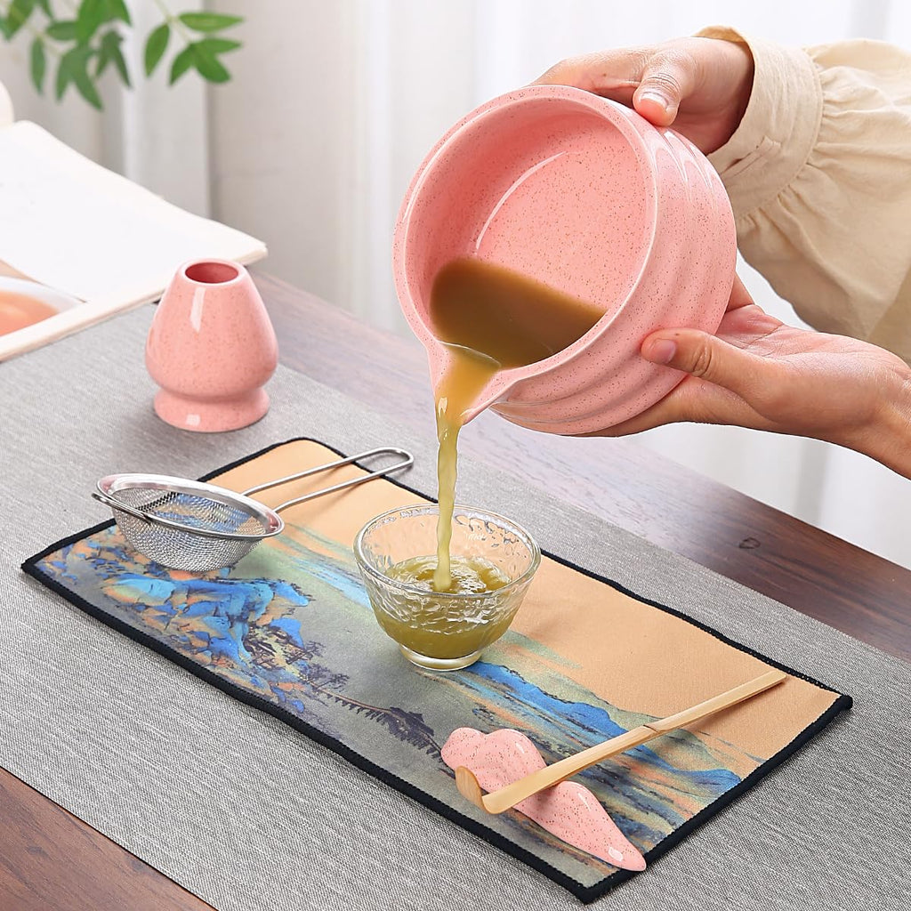 Matcha Tea Ceremony Set with Pink Ceramic Bowl, Bamboo Whisk, Strainer and Mat, 7-Piece Traditional Japanese Style