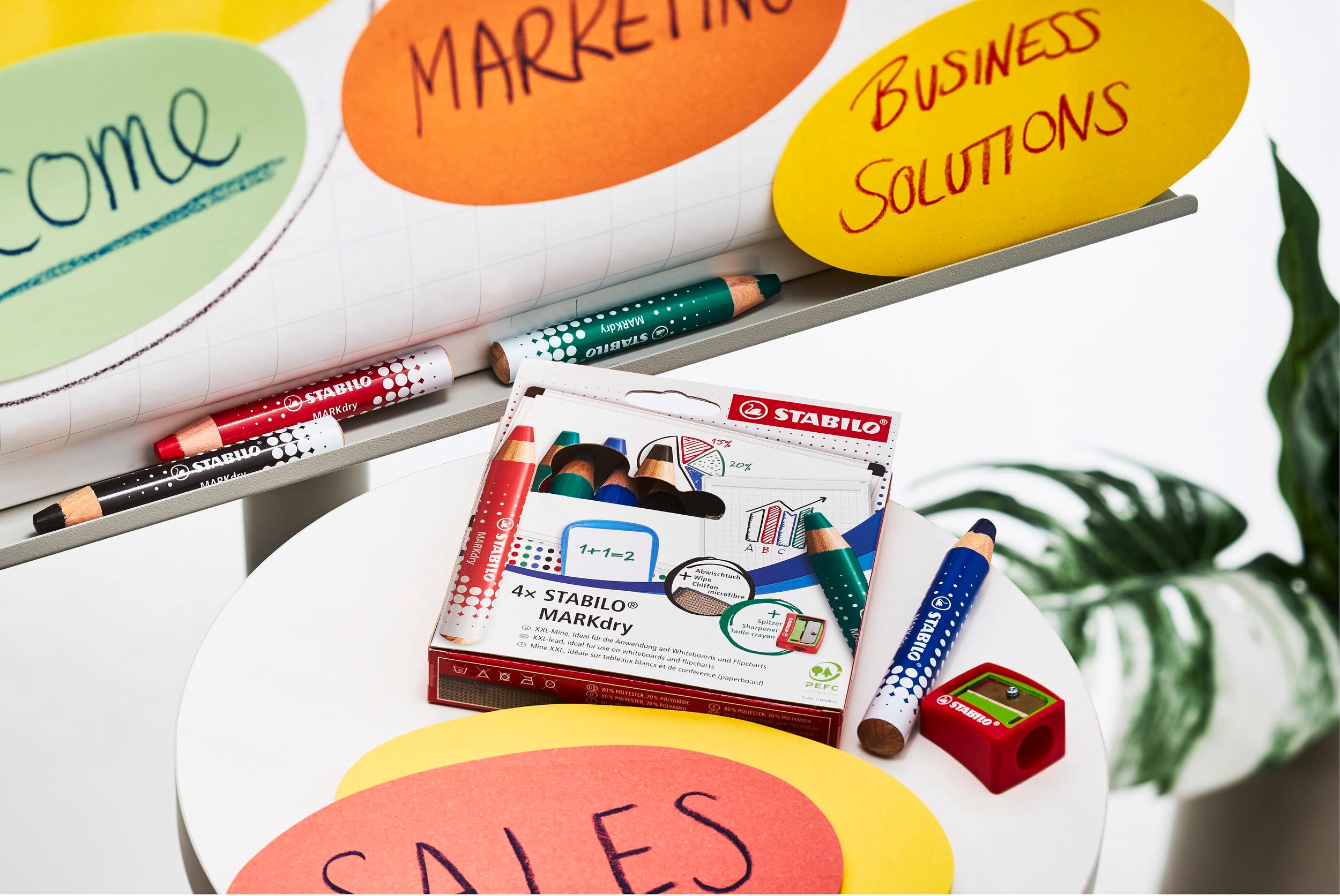 STABILO MARKdry Whiteboard and Flip Chart Marker Pack of 4 with Sharpener and Wiping Cloth in Four Different Colours