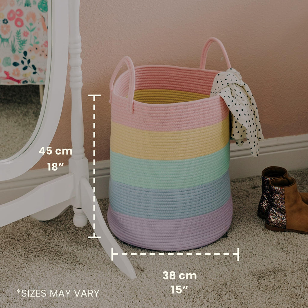 OrganiHaus Tall Rainbow Basket with Handles, Woven Cotton Rope Laundry Basket, Rope Baskets for Dirty Clothes,Towels and Blankets, Large Decorative Storage Bin for Bedroom - 38x45cm