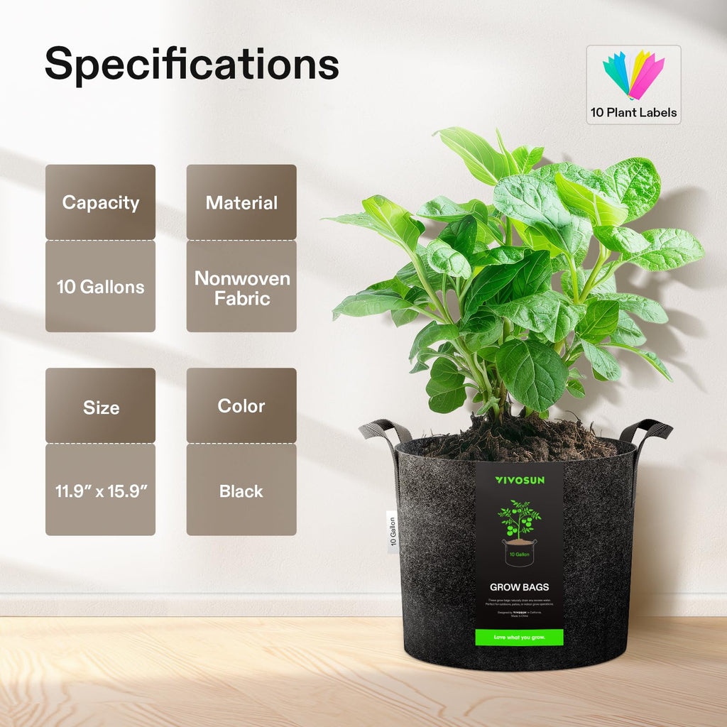 VIVOSUN 5-Pack 10 Gallon Grow Bags Heavy Duty 300G Thickened Nonwoven Plant Fabric Pots with Handles