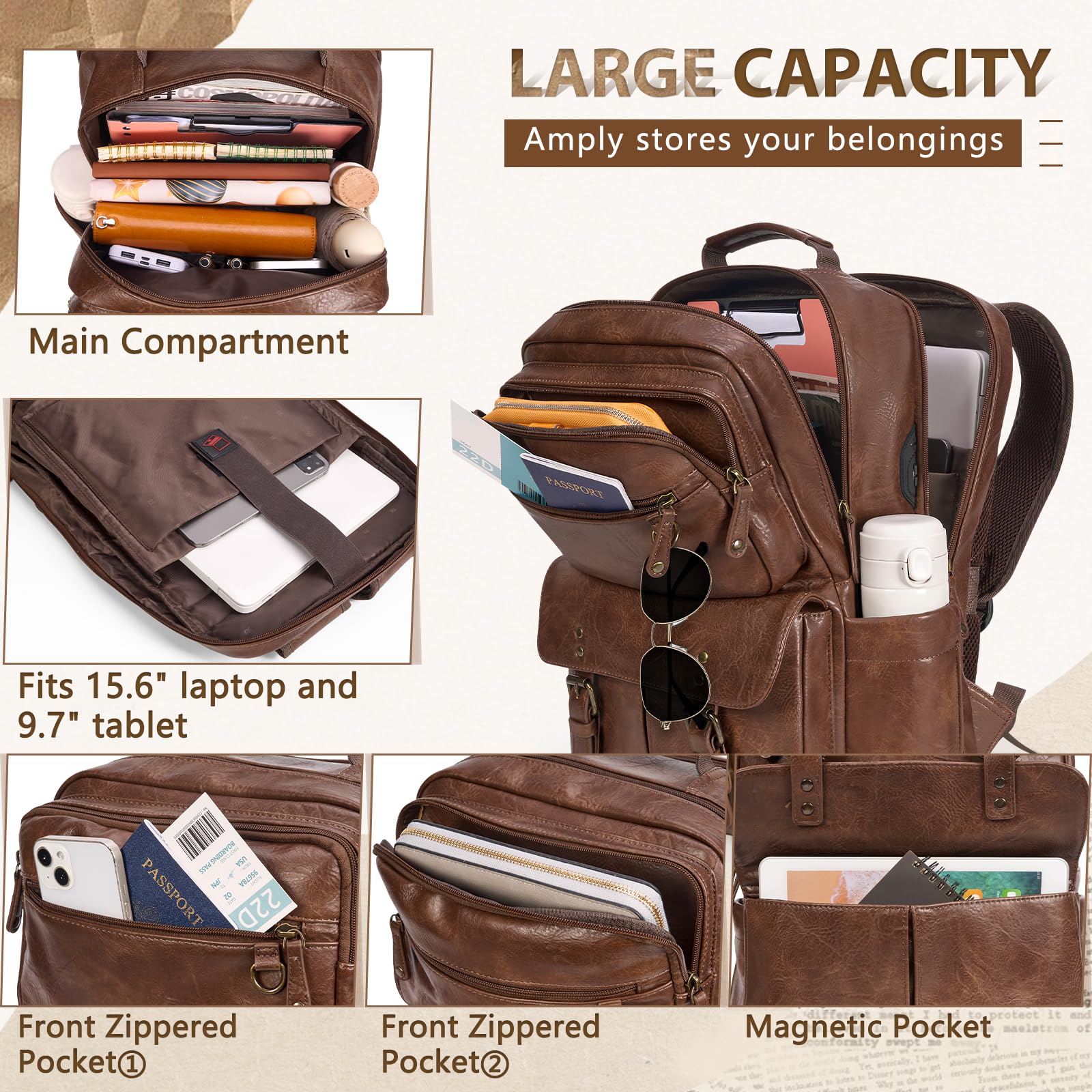 15.6 Inch Travel Laptop Backpack for Men Women, TSA Friendly Waterproof Business Computer Bag with USB Charging Port & Headphone Jack, Vintage PU Leather College School Bookbag for Work