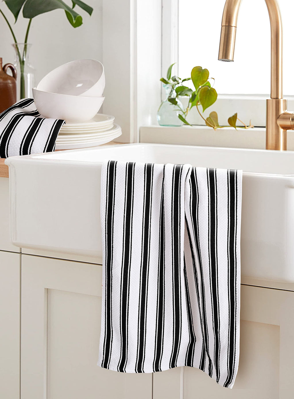 Cotton Clinic Set of 6 Vintage Stripe Cotton Kitchen Dish Towels 16x26, Tea Towels and Cleaning Towels, Kitchen Towels with Hanging Loop, Black White