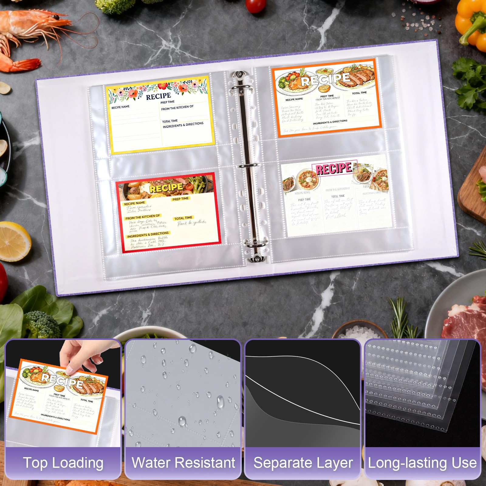 30 Pack 120 Pockets 4x6 Recipe Card Sleeves,3 Ring Binder Recipe Card Protector Pages，Double Sided 2 Pocket Refill Sheets for Recipe Book, 8.5x11 Inch Top Loading Clear Sleeve Sheets
